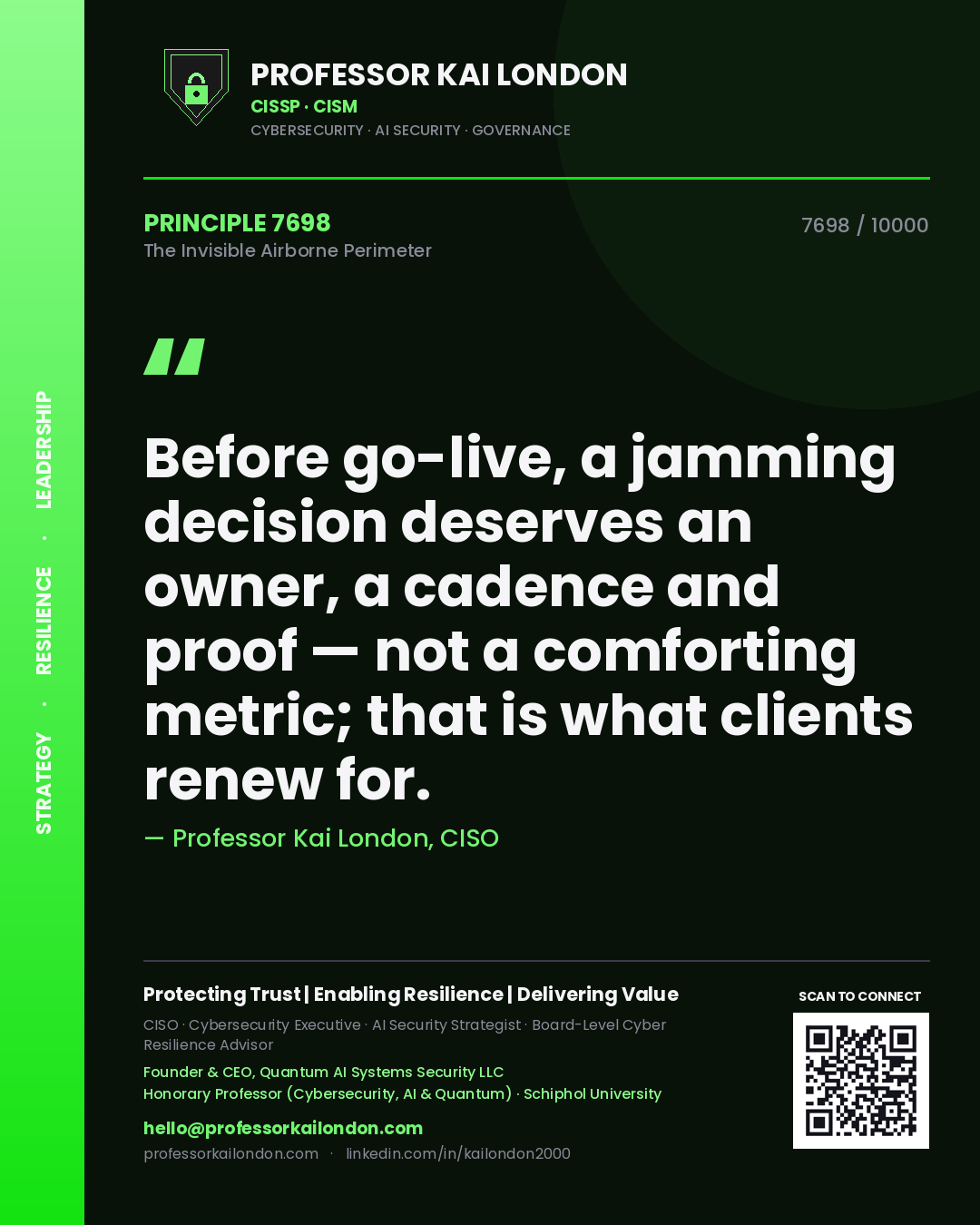 Quote card by Professor Kai London reading 'Before go-live, a jamming decision deserves an owner, a cadence and proof — not a comforting metric; that is what clients renew for.'. From the book The Invisible Airborne Perimeter.