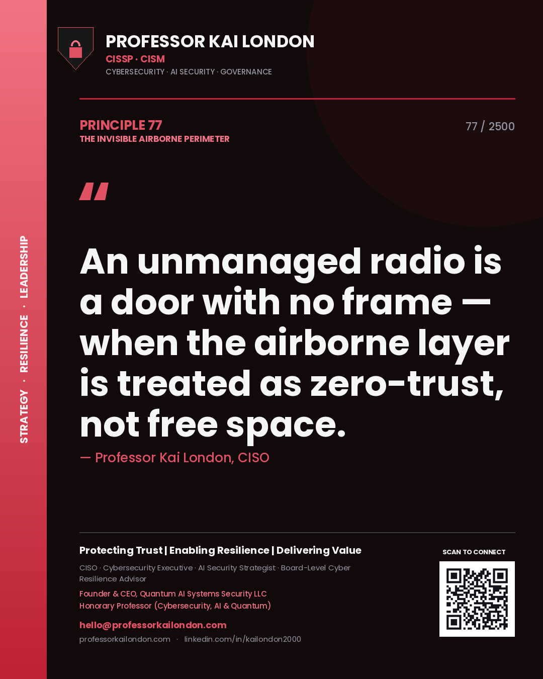 Professor Kai London principle 77: An unmanaged radio is a door with no frame — when the airborne layer is treated as zero-trust, not free space.