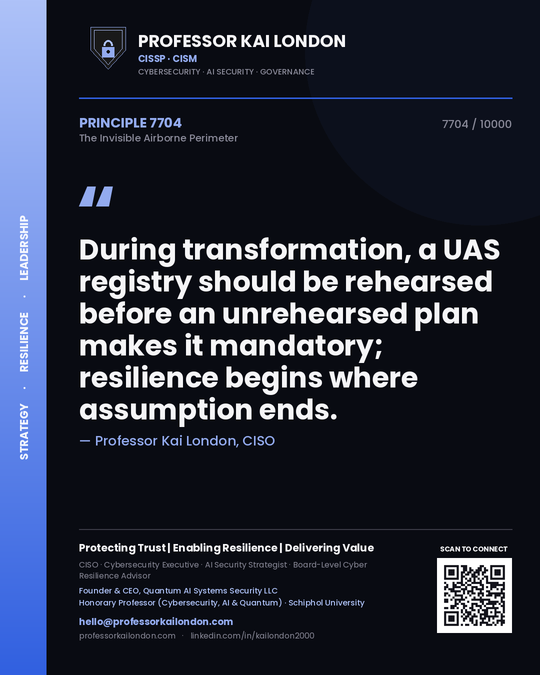 Professor Kai London principle 7704: During transformation, a UAS registry should be rehearsed before an unrehearsed plan makes it mandatory; resilience begins where assumption ends.