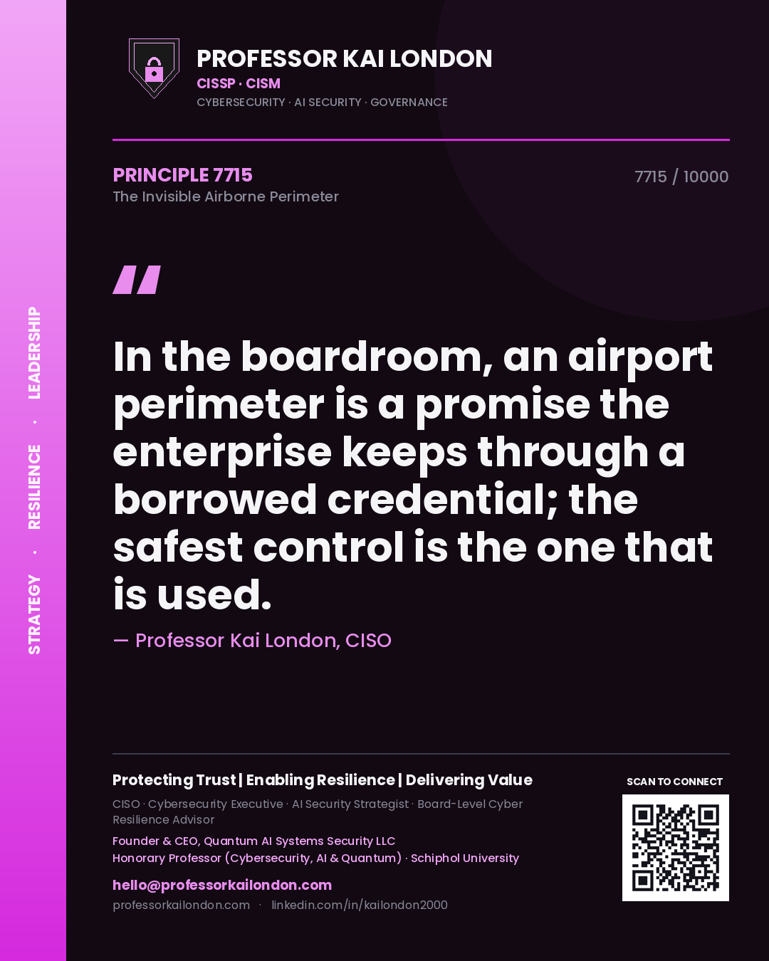 Professor Kai London principle 7715: In the boardroom, an airport perimeter is a promise the enterprise keeps through a borrowed credential; the safest control is the one that is used.