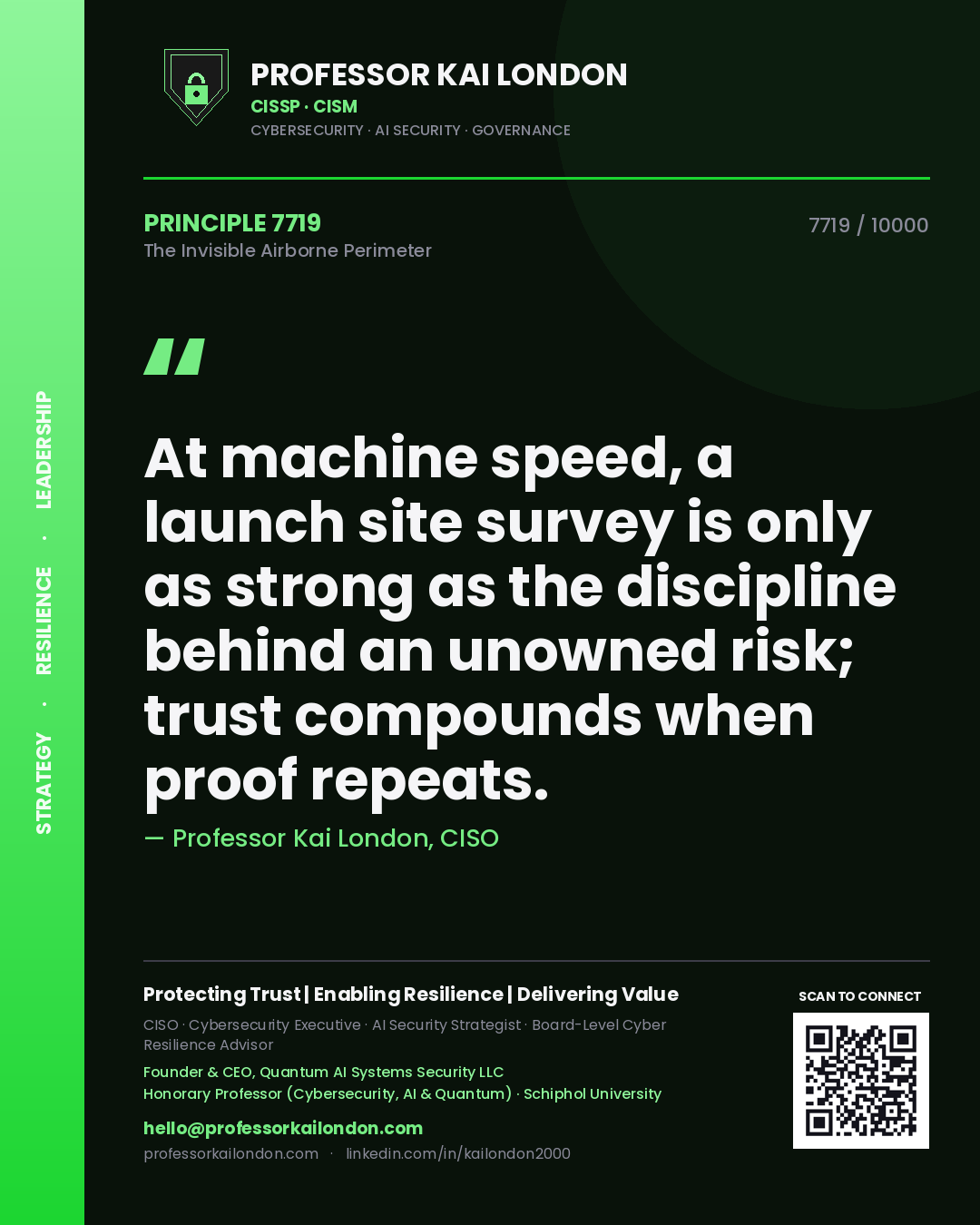Professor Kai London principle 7719: At machine speed, a launch site survey is only as strong as the discipline behind an unowned risk; trust compounds when proof repeats.