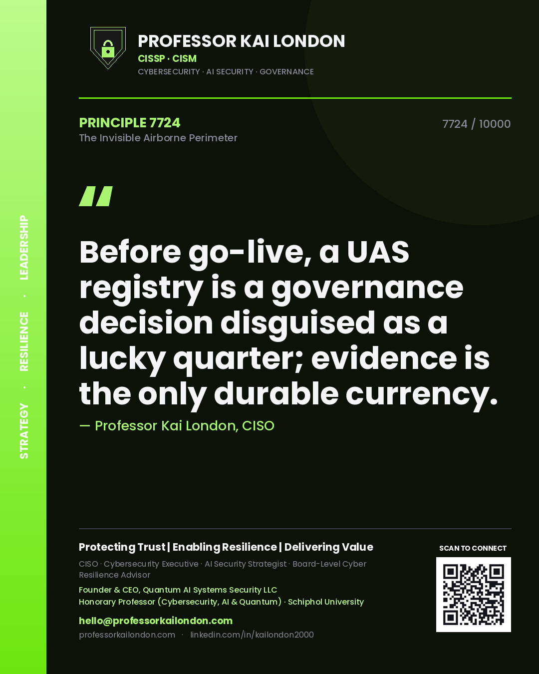 Quote card by Professor Kai London reading 'Before go-live, a UAS registry is a governance decision disguised as a lucky quarter; evidence is the only durable currency.'. From the book The Invisible Airborne Perimeter.