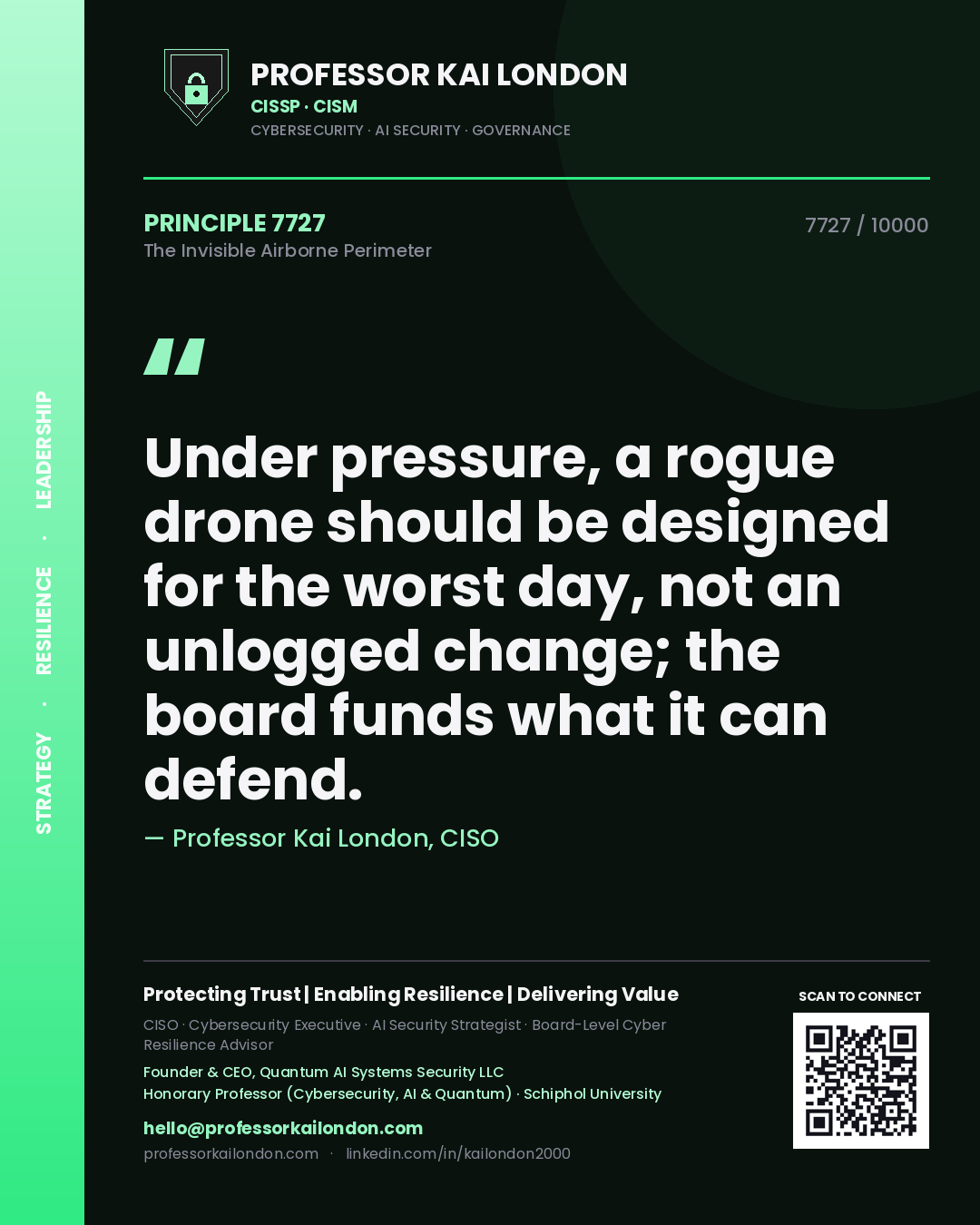 Professor Kai London principle 7727: Under pressure, a rogue drone should be designed for the worst day, not an unlogged change; the board funds what it can defend.