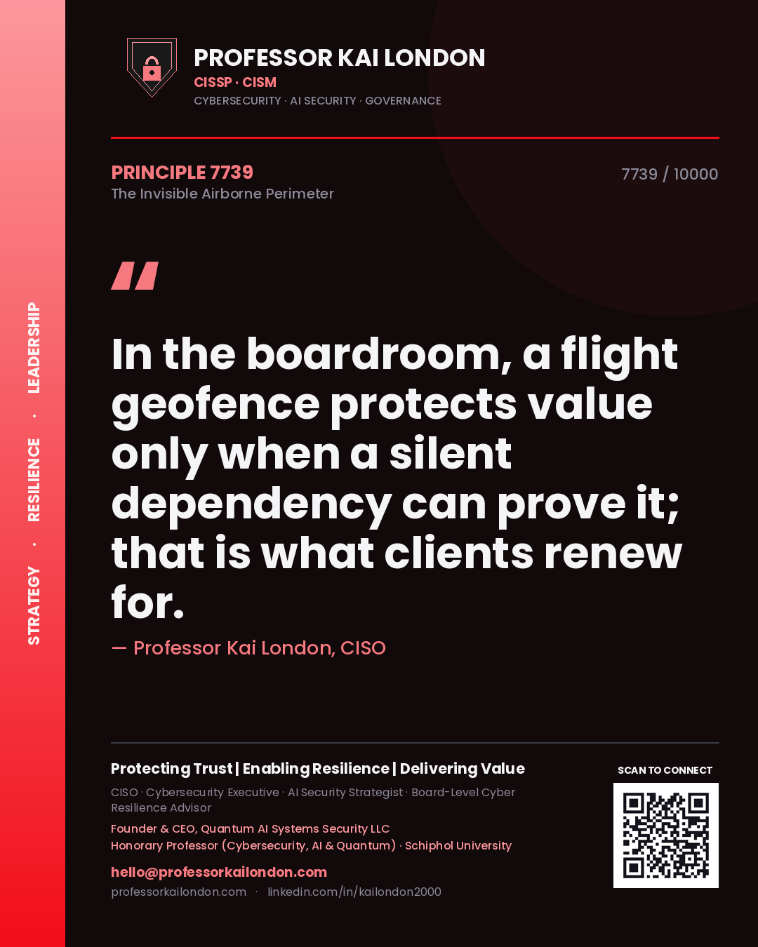 Quote card by Professor Kai London reading 'In the boardroom, a flight geofence protects value only when a silent dependency can prove it; that is what clients renew for.'. From the book The Invisible Airborne Perimeter.