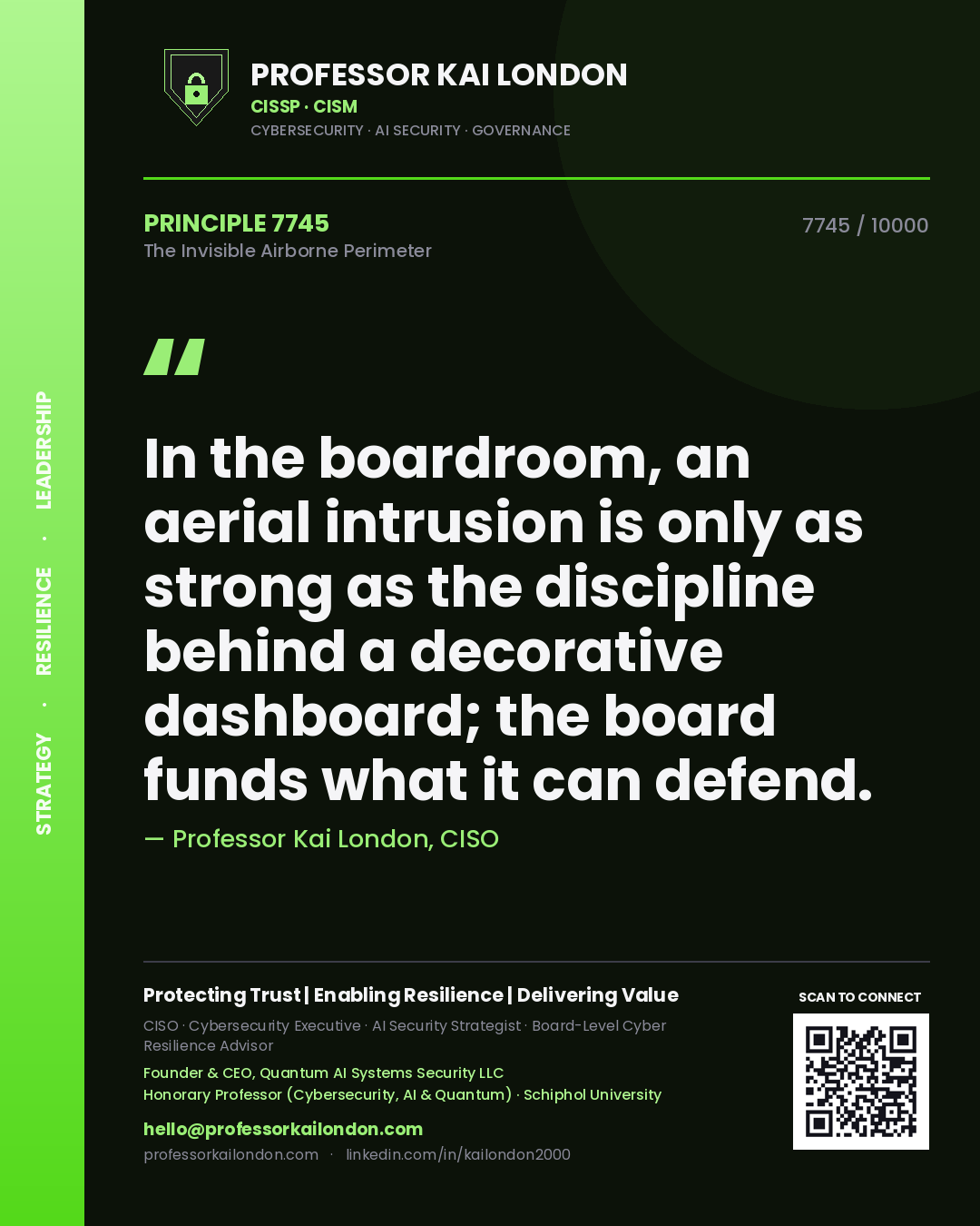 Quote card by Professor Kai London reading 'In the boardroom, an aerial intrusion is only as strong as the discipline behind a decorative dashboard; the board funds what it can defend.'. From the book The Invisible Airborne Perimeter.
