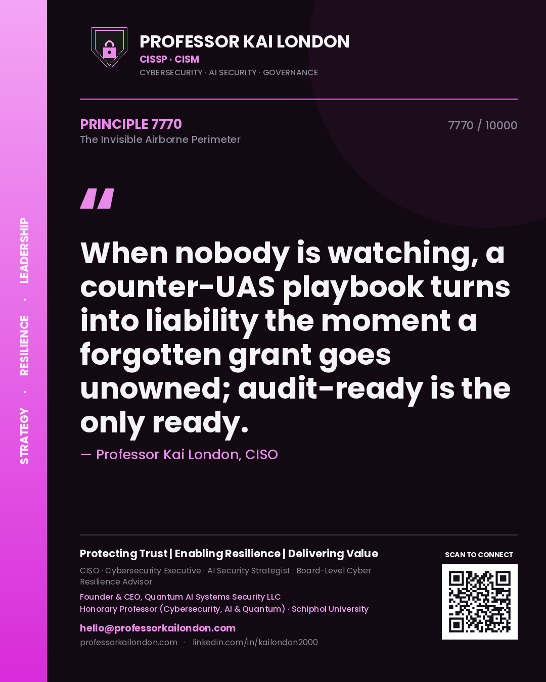 Professor Kai London principle 7770: When nobody is watching, a counter-UAS playbook turns into liability the moment a forgotten grant goes unowned; audit-ready is the only ready.