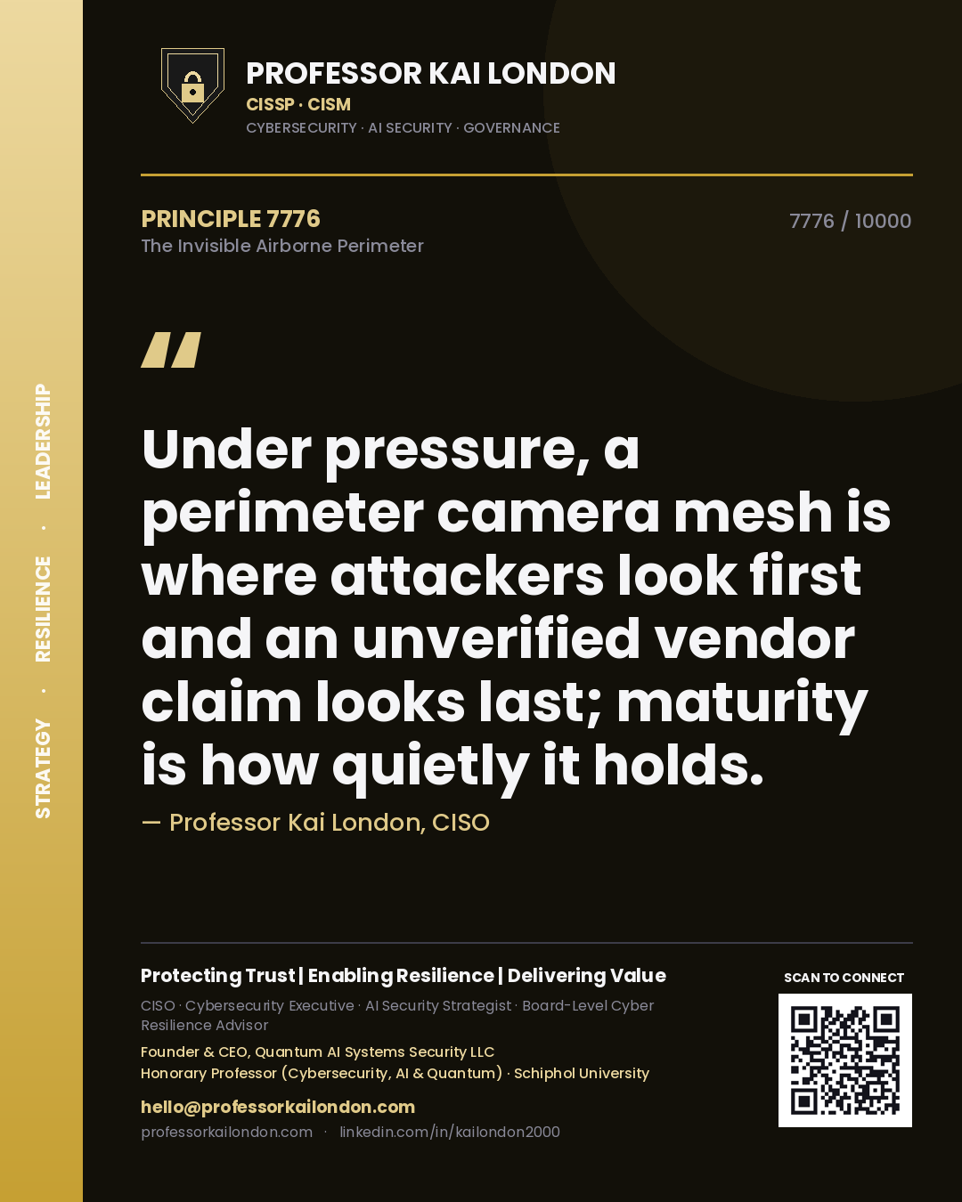 Quote card by Professor Kai London reading 'Under pressure, a perimeter camera mesh is where attackers look first and an unverified vendor claim looks last; maturity is how quietly it holds.'. From the book The Invisible Airborne Perimeter.