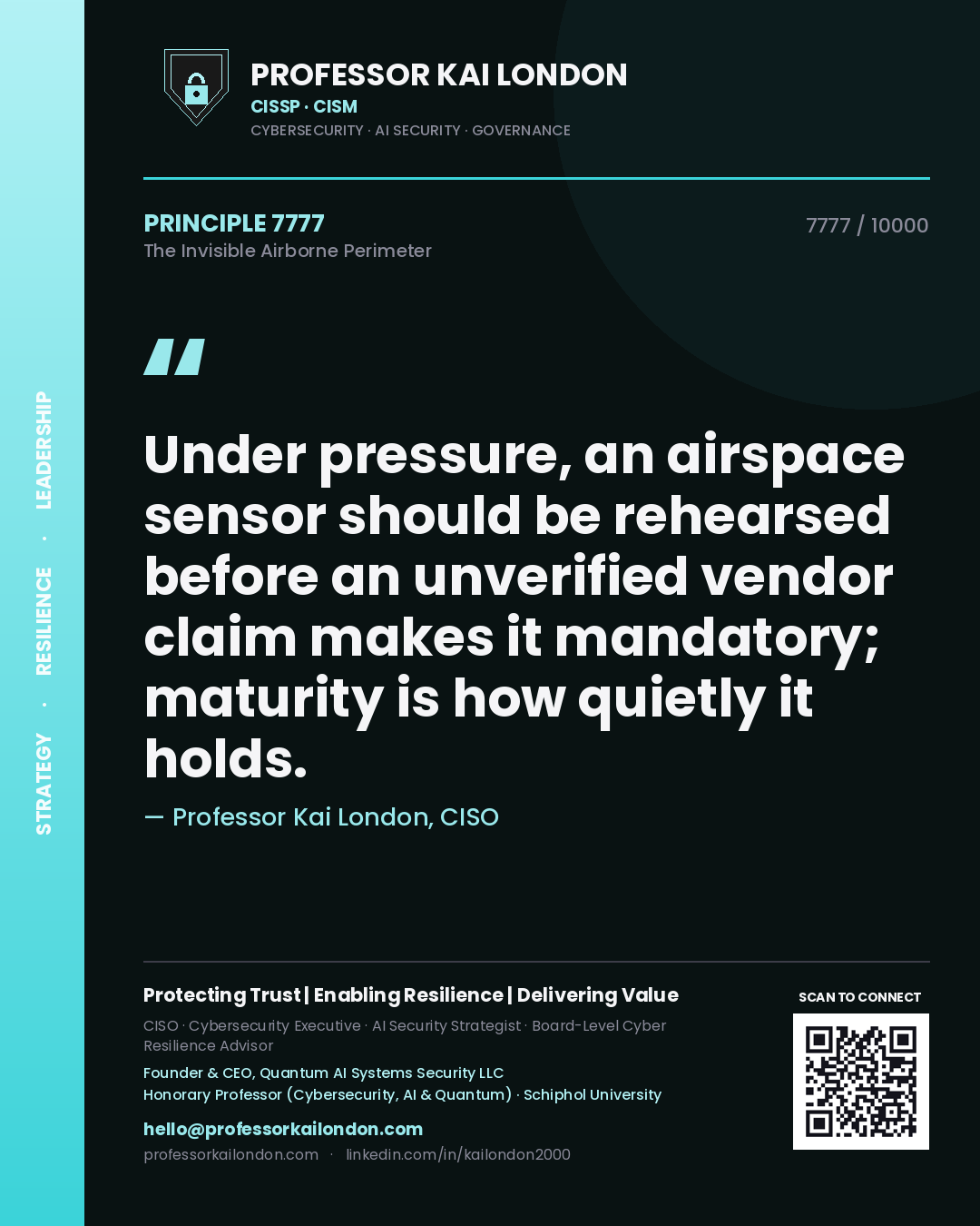 Professor Kai London principle 7777: Under pressure, an airspace sensor should be rehearsed before an unverified vendor claim makes it mandatory; maturity is how quietly it holds.