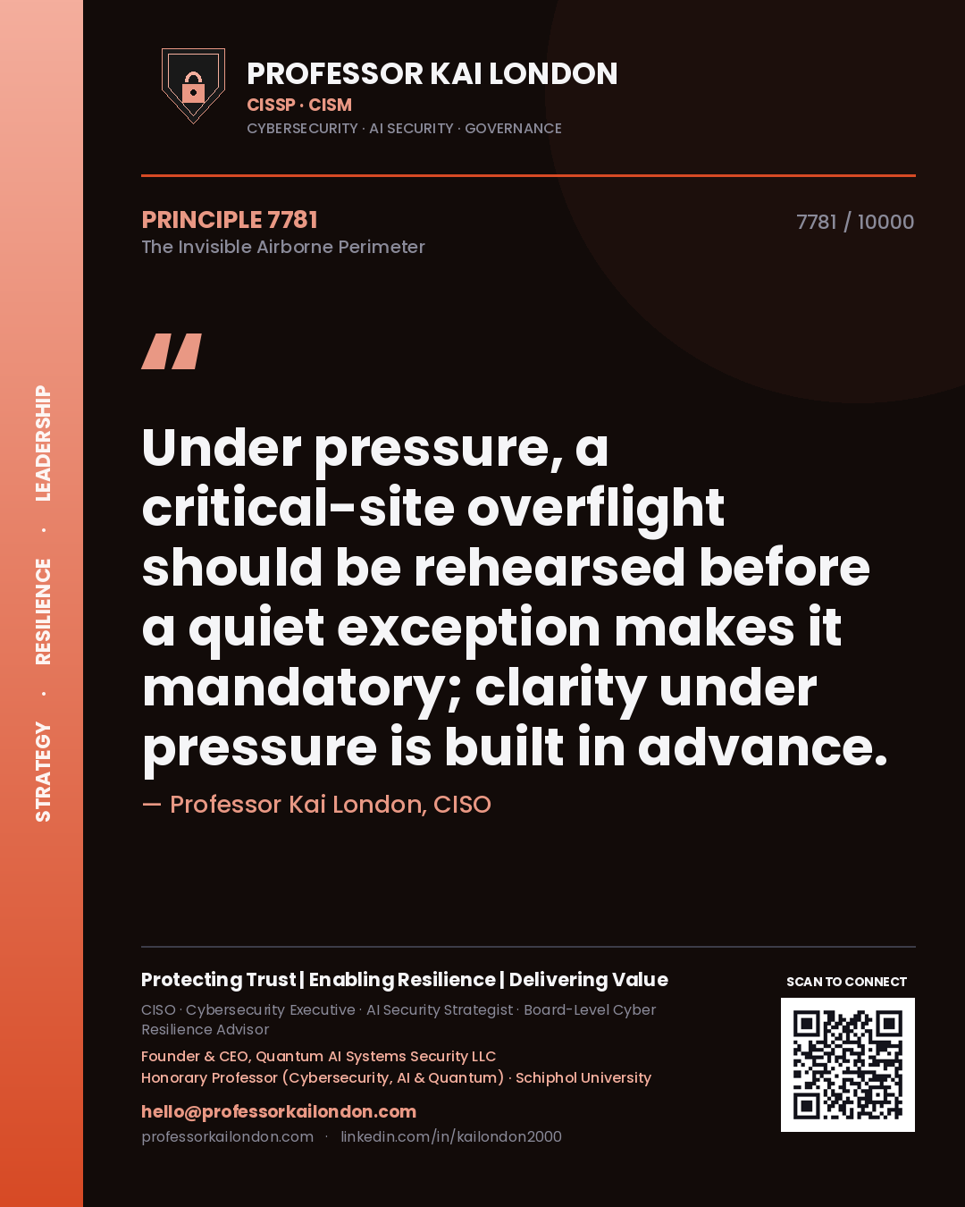 Professor Kai London principle 7781: Under pressure, a critical-site overflight should be rehearsed before a quiet exception makes it mandatory; clarity under pressure is built in advance.