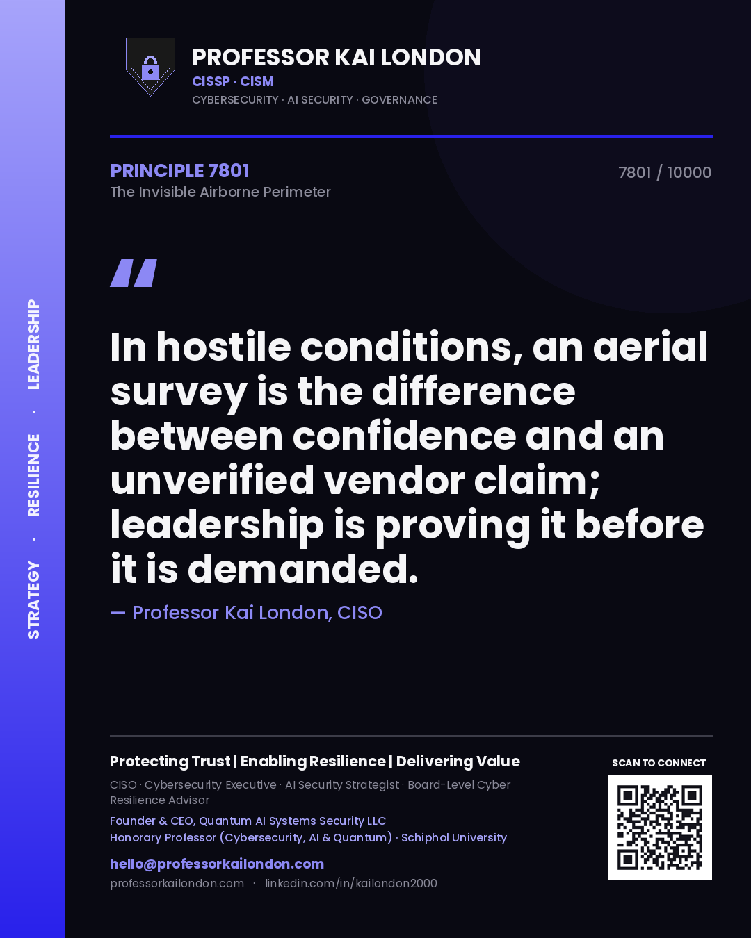 Professor Kai London principle 7801: In hostile conditions, an aerial survey is the difference between confidence and an unverified vendor claim; leadership is proving it before it is demanded.