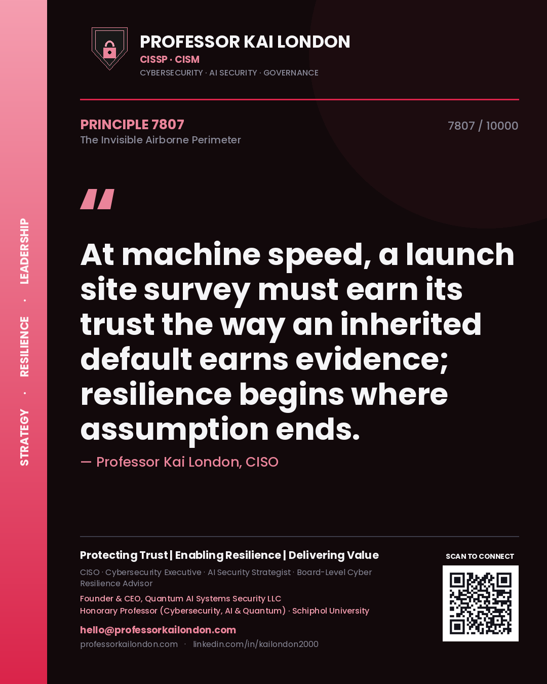 Professor Kai London principle 7807: At machine speed, a launch site survey must earn its trust the way an inherited default earns evidence; resilience begins where assumption ends.
