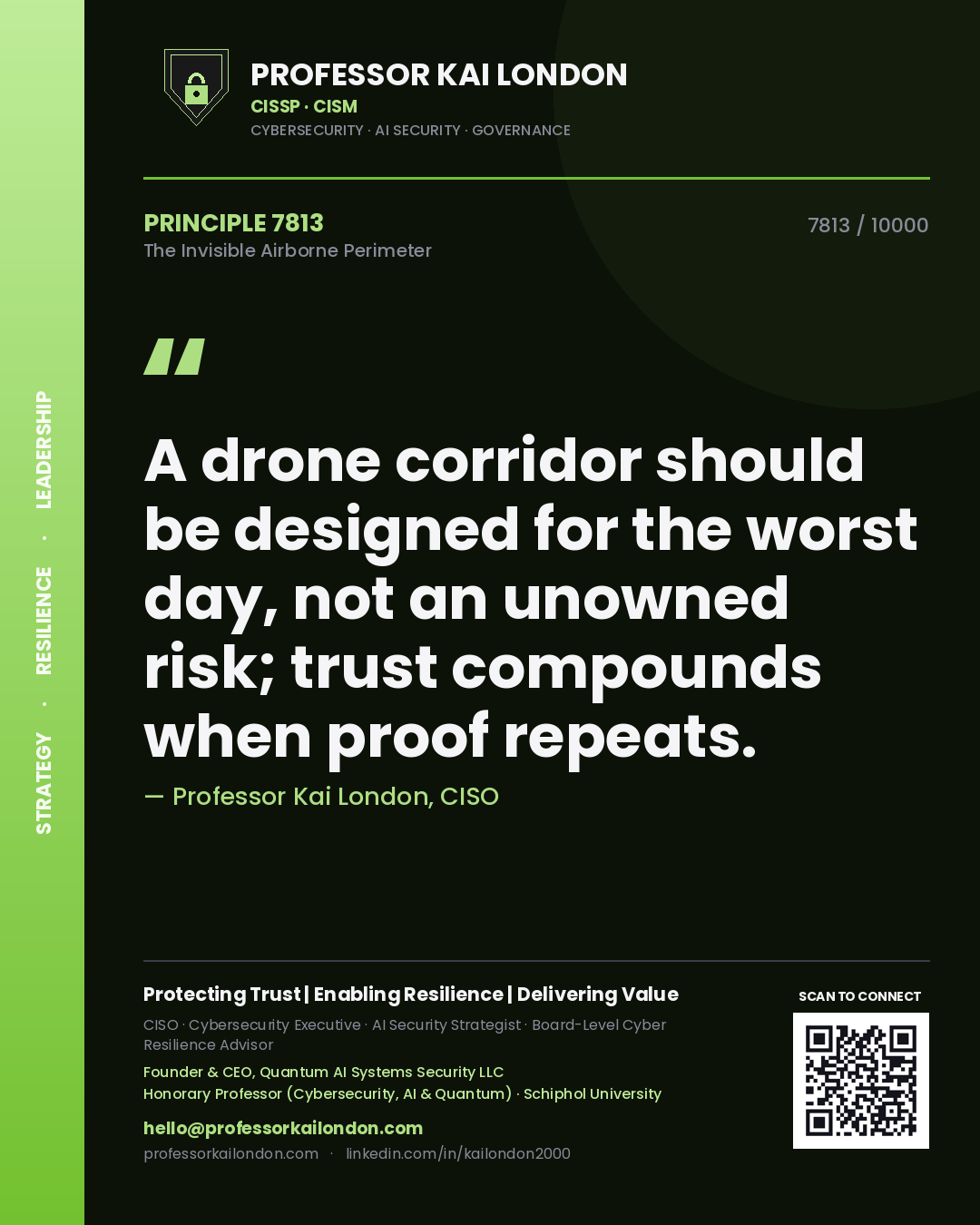 Quote card by Professor Kai London reading 'A drone corridor should be designed for the worst day, not an unowned risk; trust compounds when proof repeats.'. From the book The Invisible Airborne Perimeter.