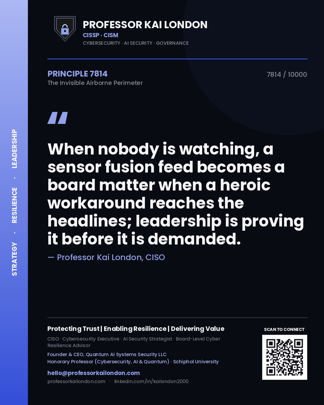 Quote card by Professor Kai London reading 'When nobody is watching, a sensor fusion feed becomes a board matter when a heroic workaround reaches the headlines; leadership is proving it before it is demanded.'. From the book The Invisible Airborne Perimeter.