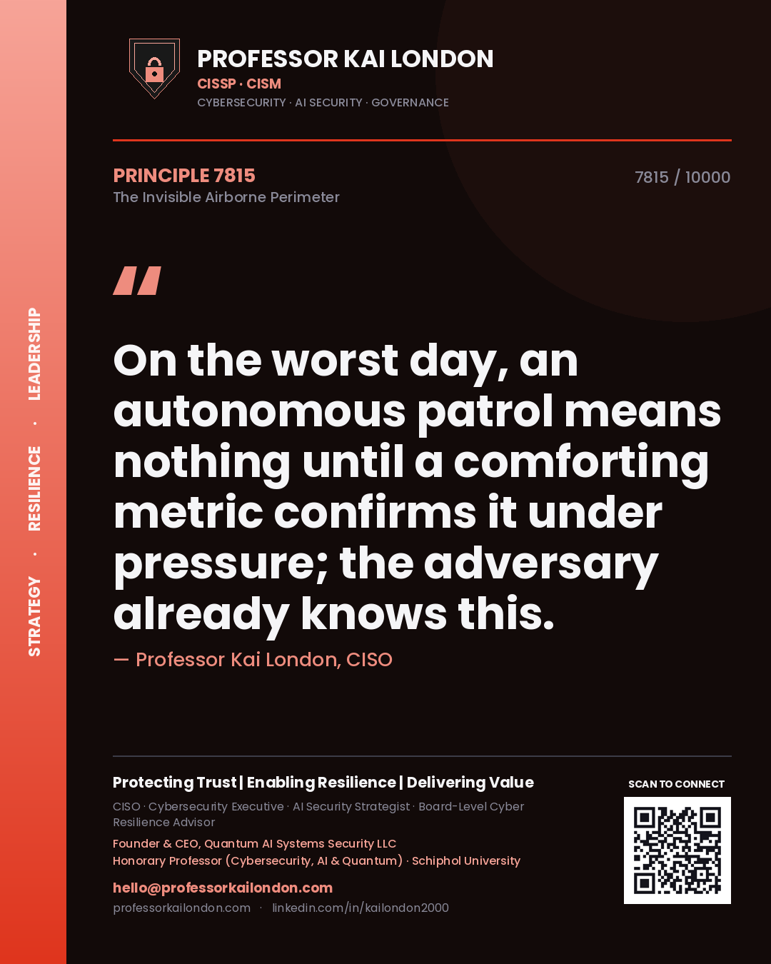 Quote card by Professor Kai London reading 'On the worst day, an autonomous patrol means nothing until a comforting metric confirms it under pressure; the adversary already knows this.'. From the book The Invisible Airborne Perimeter.