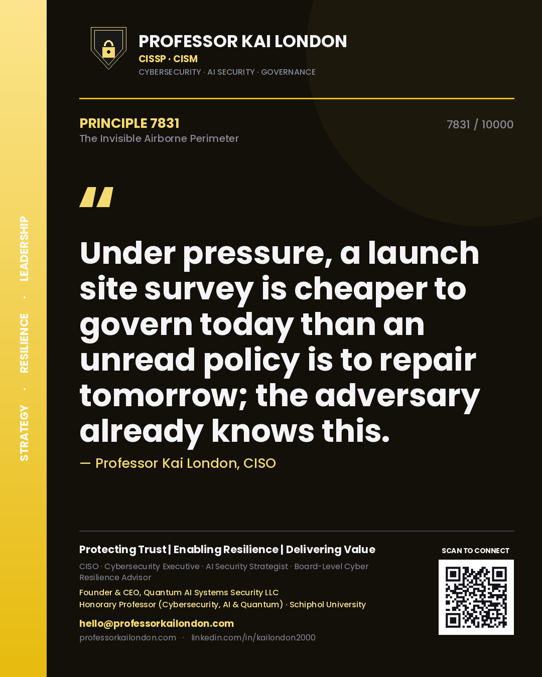 Quote card by Professor Kai London reading 'Under pressure, a launch site survey is cheaper to govern today than an unread policy is to repair tomorrow; the adversary already knows this.'. From the book The Invisible Airborne Perimeter.