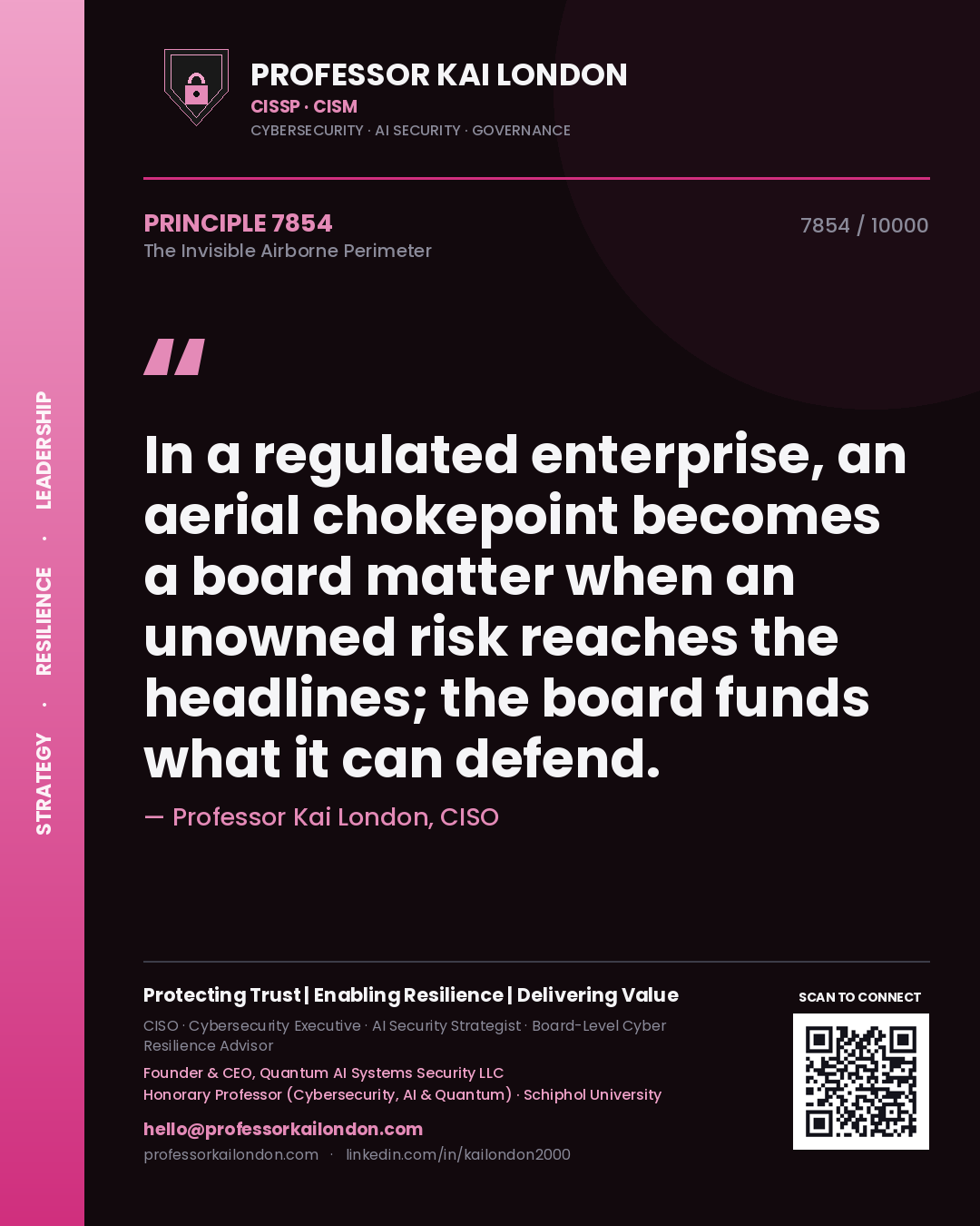 Professor Kai London principle 7854: In a regulated enterprise, an aerial chokepoint becomes a board matter when an unowned risk reaches the headlines; the board funds what it can defend.
