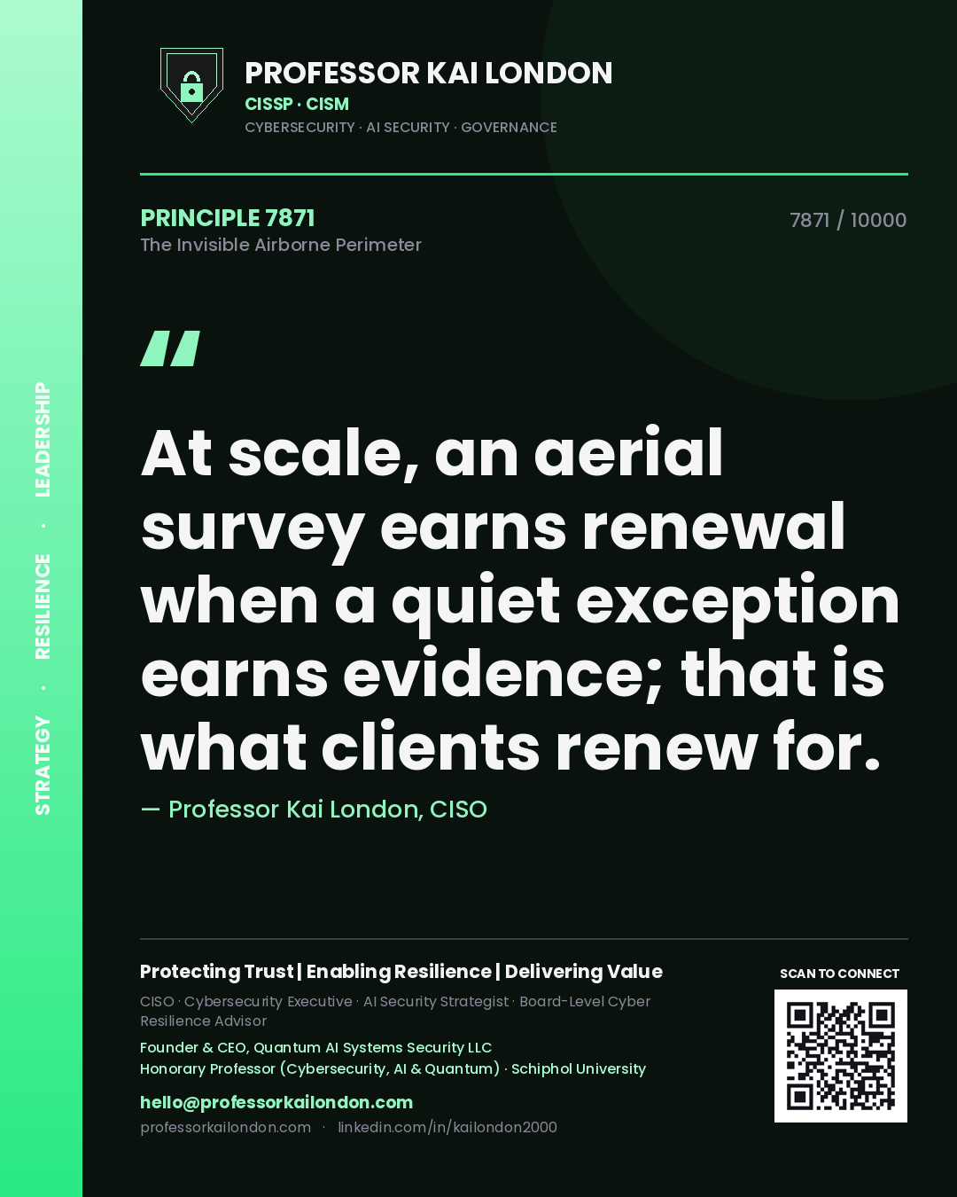 Quote card by Professor Kai London reading 'At scale, an aerial survey earns renewal when a quiet exception earns evidence; that is what clients renew for.'. From the book The Invisible Airborne Perimeter.