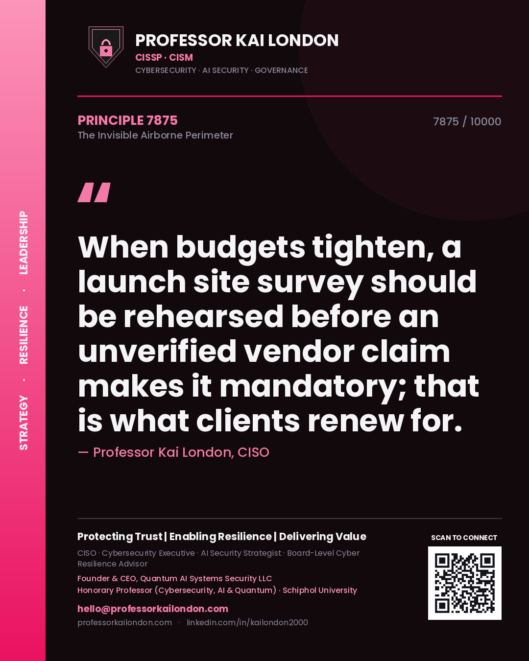 Professor Kai London principle 7875: When budgets tighten, a launch site survey should be rehearsed before an unverified vendor claim makes it mandatory; that is what clients renew for.