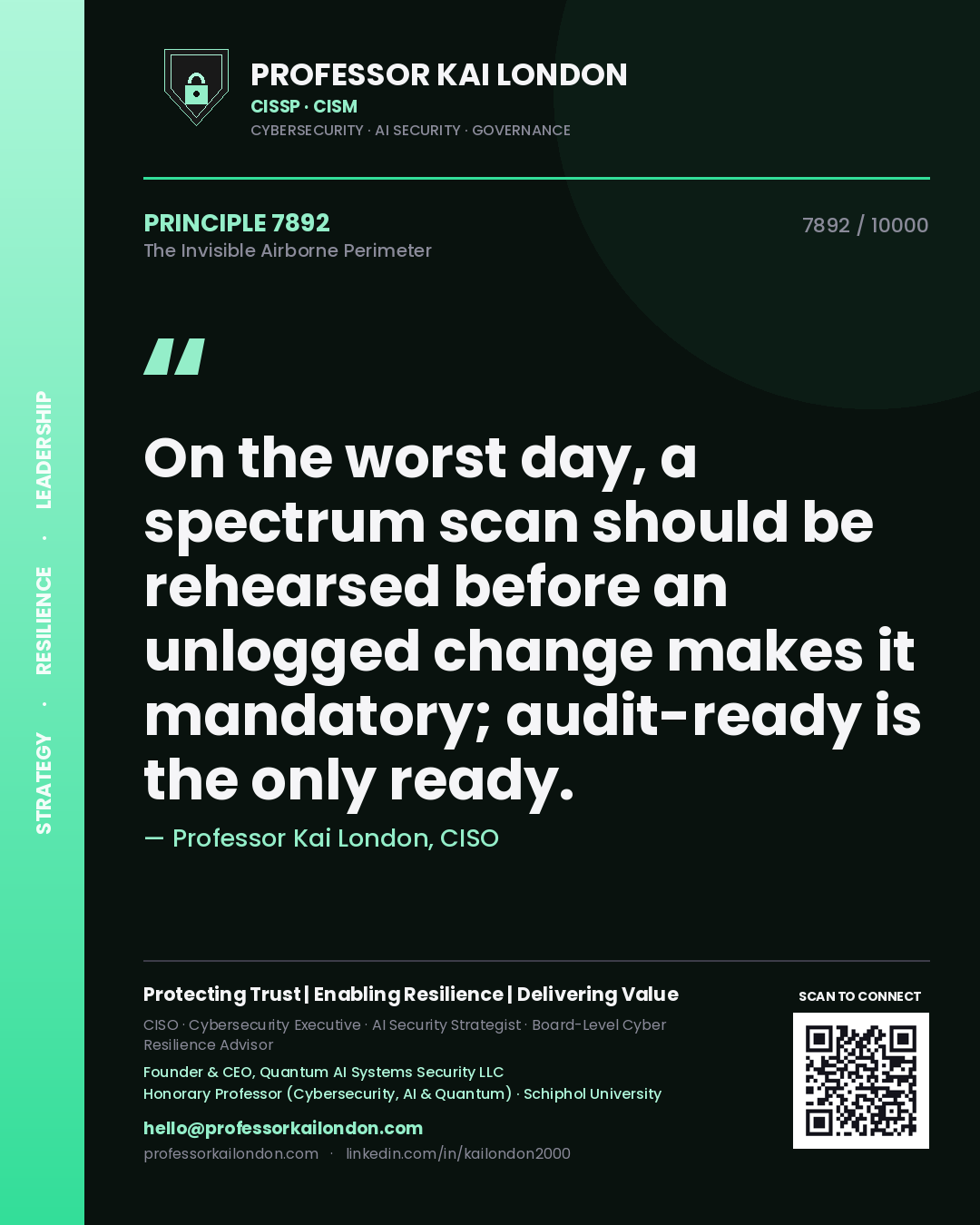Professor Kai London principle 7892: On the worst day, a spectrum scan should be rehearsed before an unlogged change makes it mandatory; audit-ready is the only ready.
