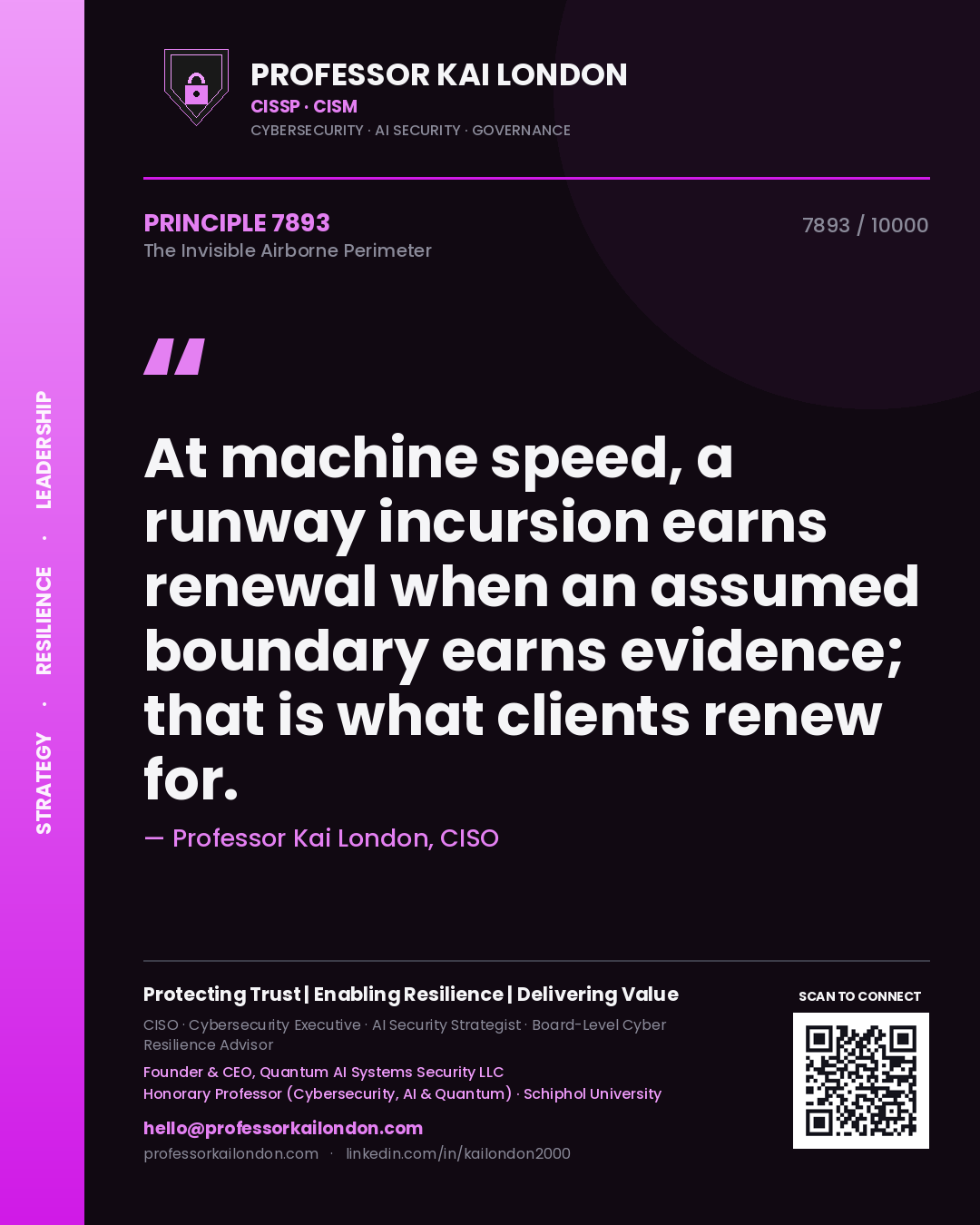 Professor Kai London principle 7893: At machine speed, a runway incursion earns renewal when an assumed boundary earns evidence; that is what clients renew for.