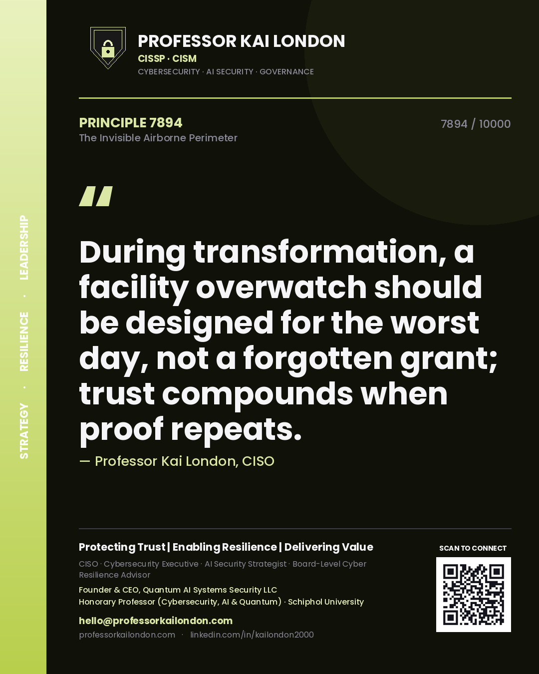 Professor Kai London principle 7894: During transformation, a facility overwatch should be designed for the worst day, not a forgotten grant; trust compounds when proof repeats.