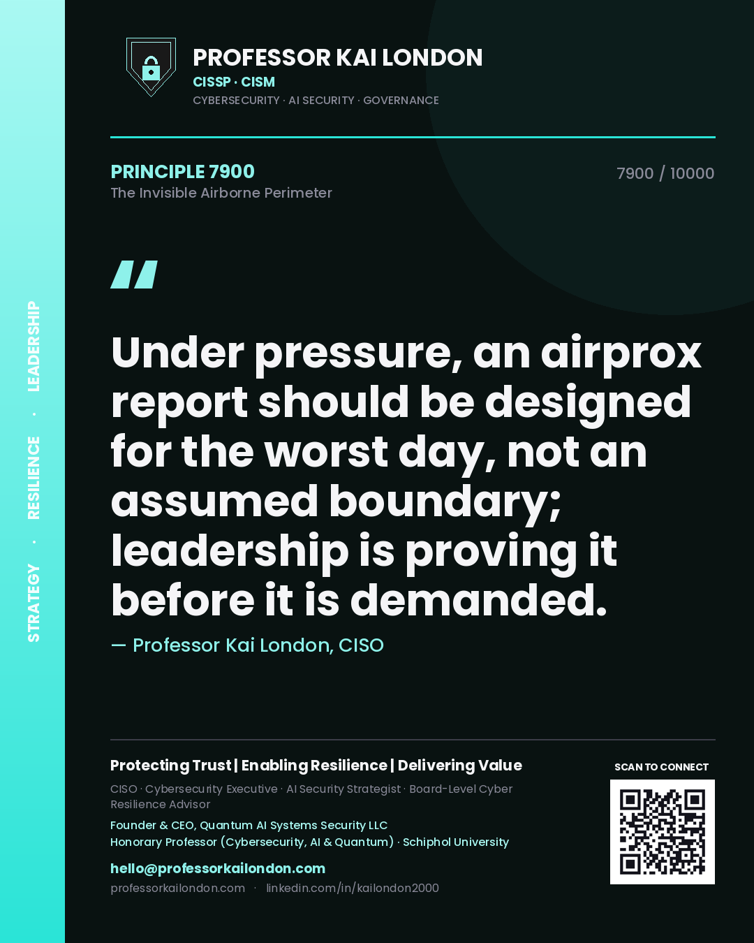 Quote card by Professor Kai London reading 'Under pressure, an airprox report should be designed for the worst day, not an assumed boundary; leadership is proving it before it is demanded.'. From the book The Invisible Airborne Perimeter.