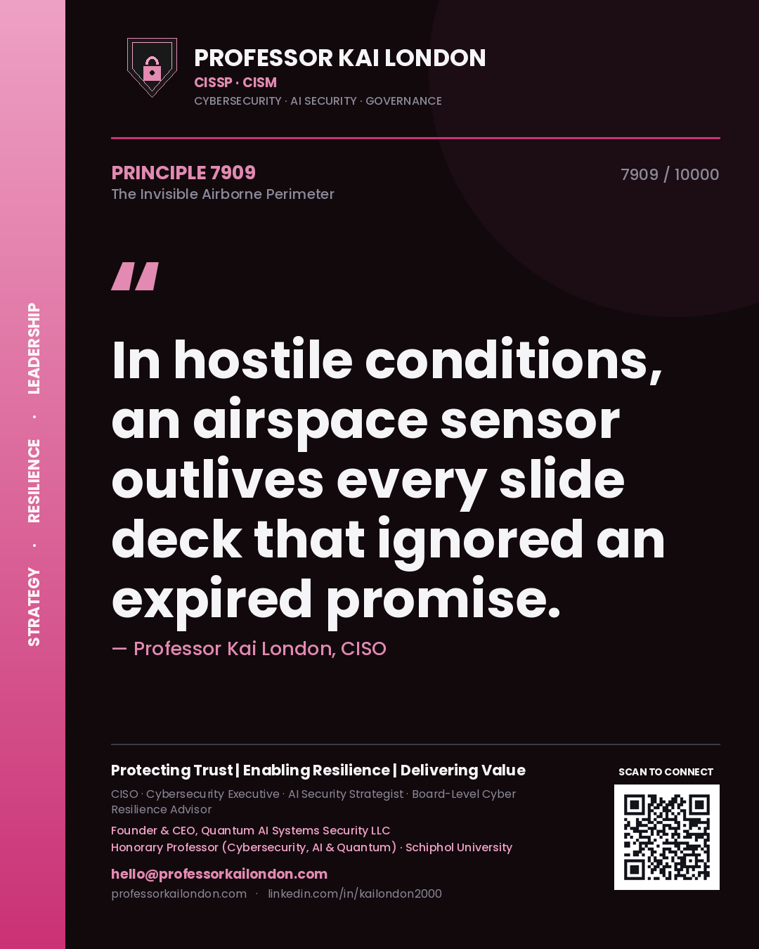 Quote card by Professor Kai London reading 'In hostile conditions, an airspace sensor outlives every slide deck that ignored an expired promise.'. From the book The Invisible Airborne Perimeter.