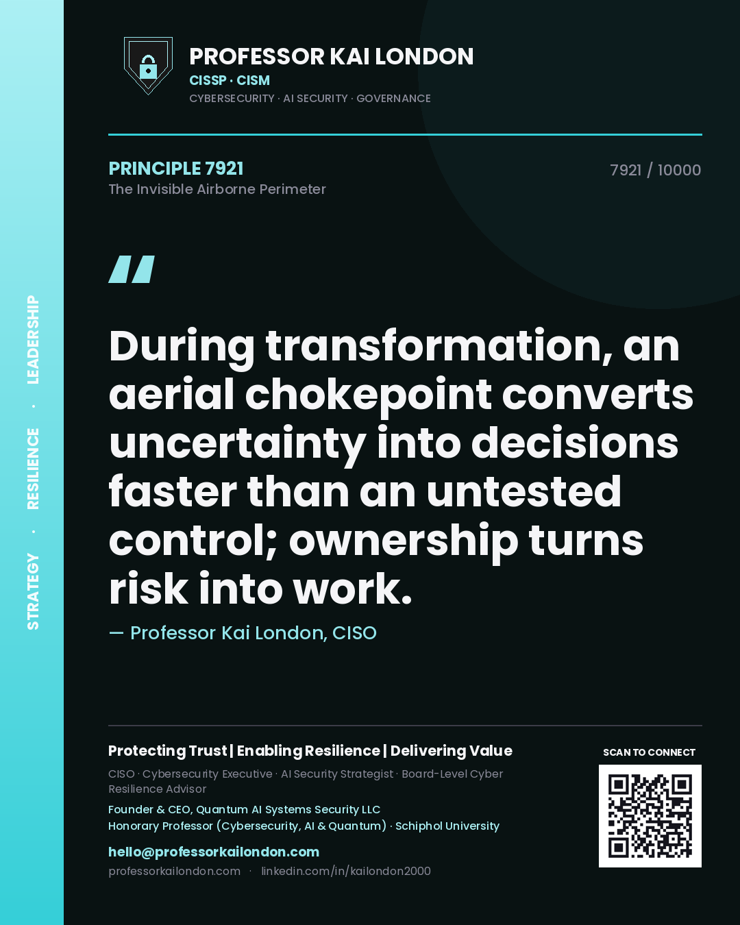 Professor Kai London principle 7921: During transformation, an aerial chokepoint converts uncertainty into decisions faster than an untested control; ownership turns risk into work.
