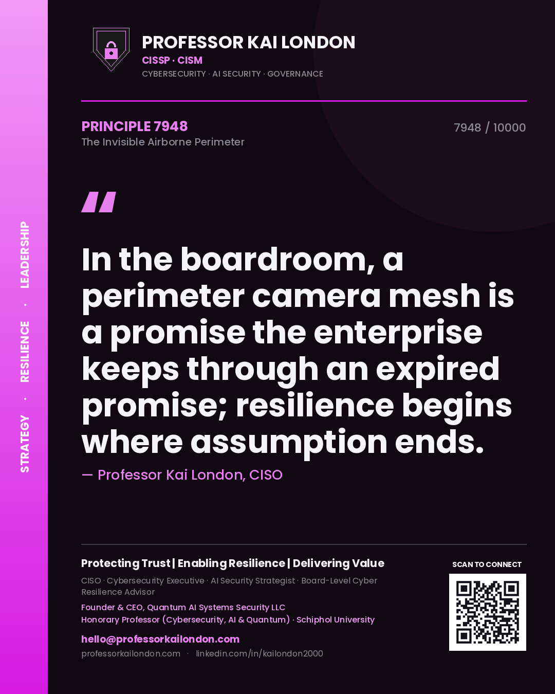 Professor Kai London principle 7948: In the boardroom, a perimeter camera mesh is a promise the enterprise keeps through an expired promise; resilience begins where assumption ends.