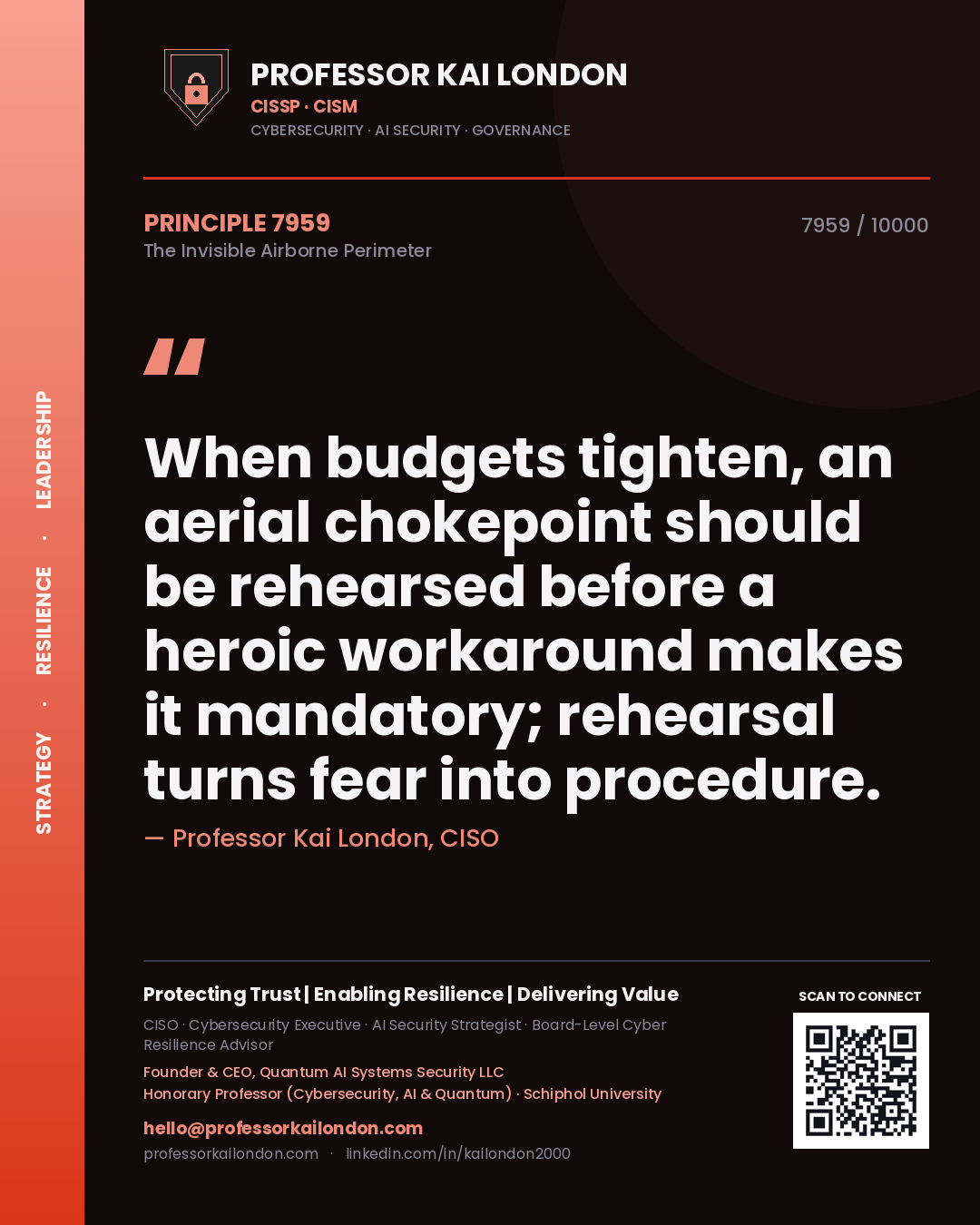 Professor Kai London principle 7959: When budgets tighten, an aerial chokepoint should be rehearsed before a heroic workaround makes it mandatory; rehearsal turns fear into procedure.