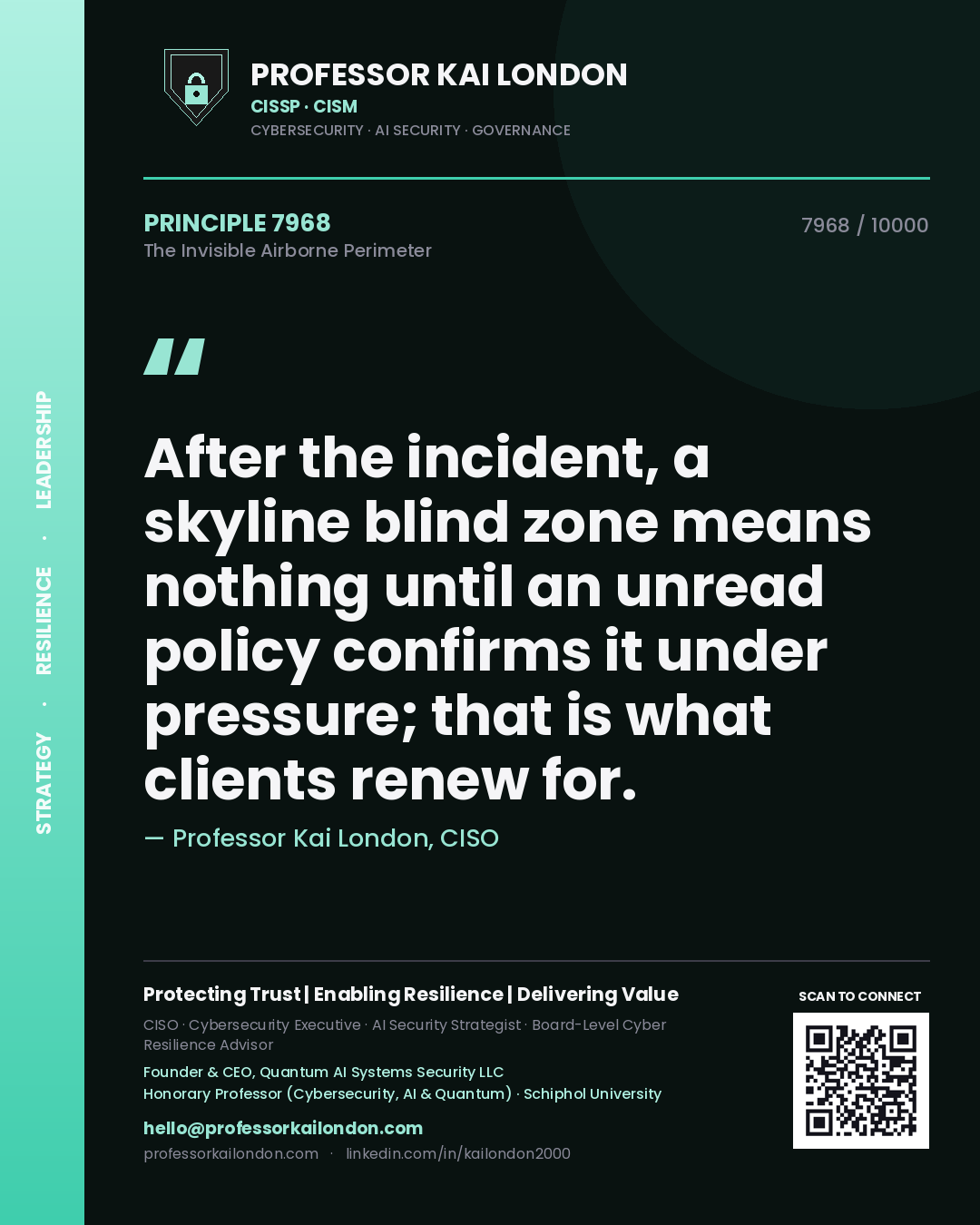 Quote card by Professor Kai London reading 'After the incident, a skyline blind zone means nothing until an unread policy confirms it under pressure; that is what clients renew for.'. From the book The Invisible Airborne Perimeter.