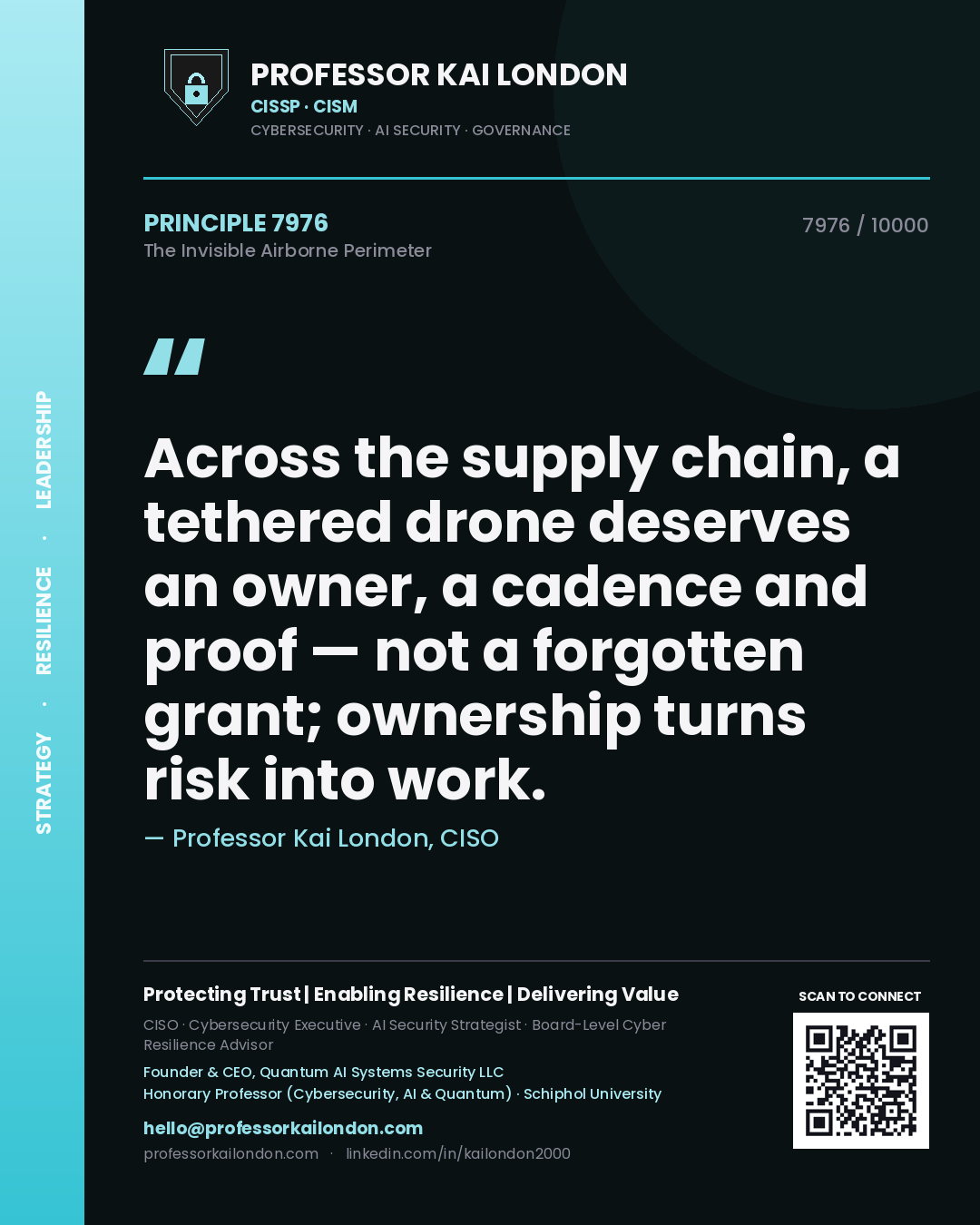 Quote card by Professor Kai London reading 'Across the supply chain, a tethered drone deserves an owner, a cadence and proof — not a forgotten grant; ownership turns risk into work.'. From the book The Invisible Airborne Perimeter.