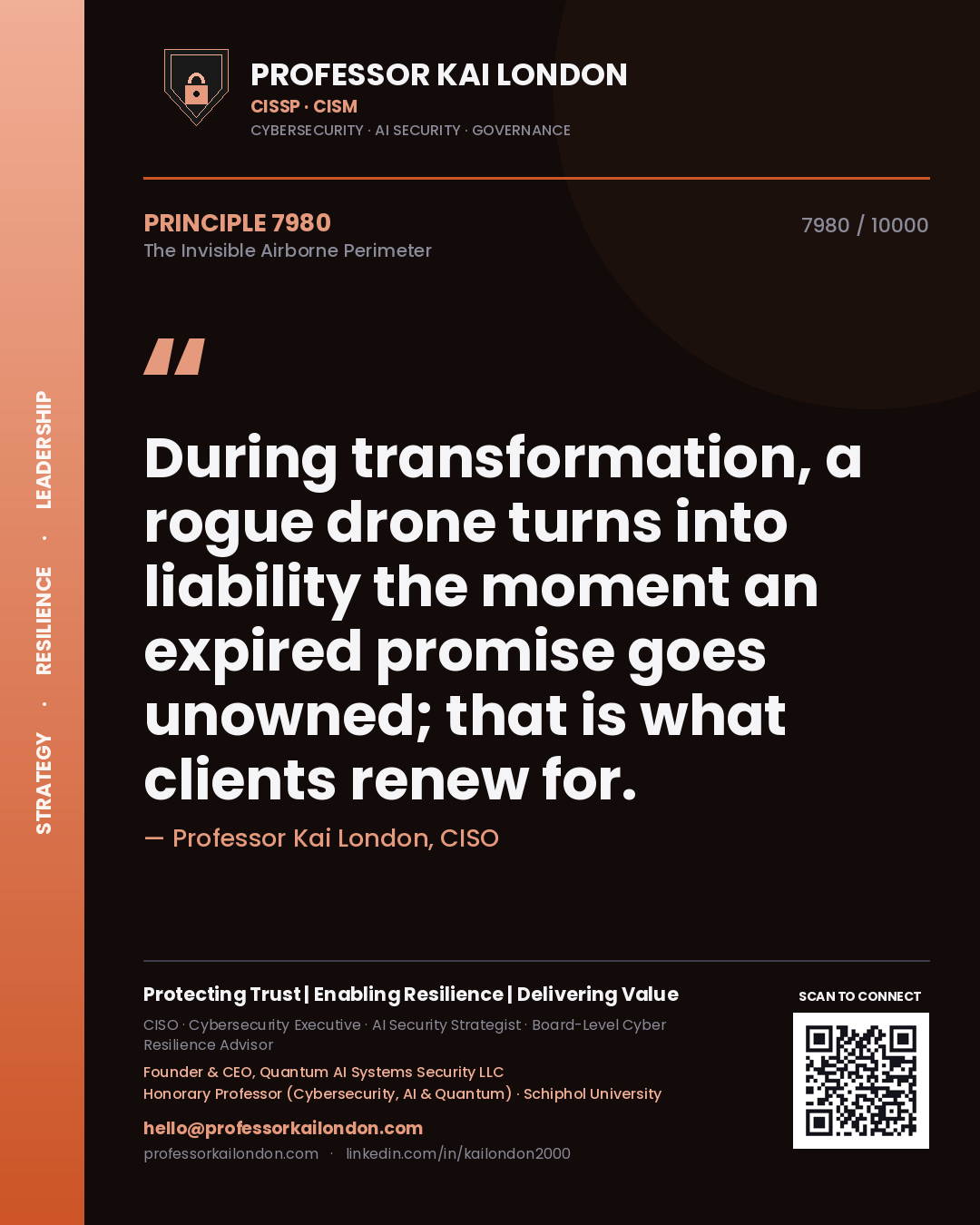 Quote card by Professor Kai London reading 'During transformation, a rogue drone turns into liability the moment an expired promise goes unowned; that is what clients renew for.'. From the book The Invisible Airborne Perimeter.