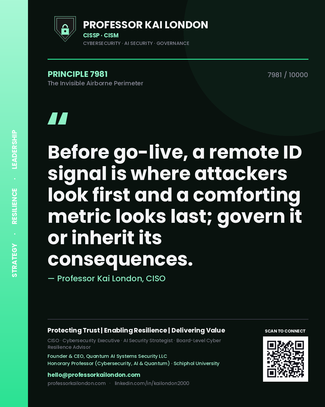 Professor Kai London principle 7981: Before go-live, a remote ID signal is where attackers look first and a comforting metric looks last; govern it or inherit its consequences.