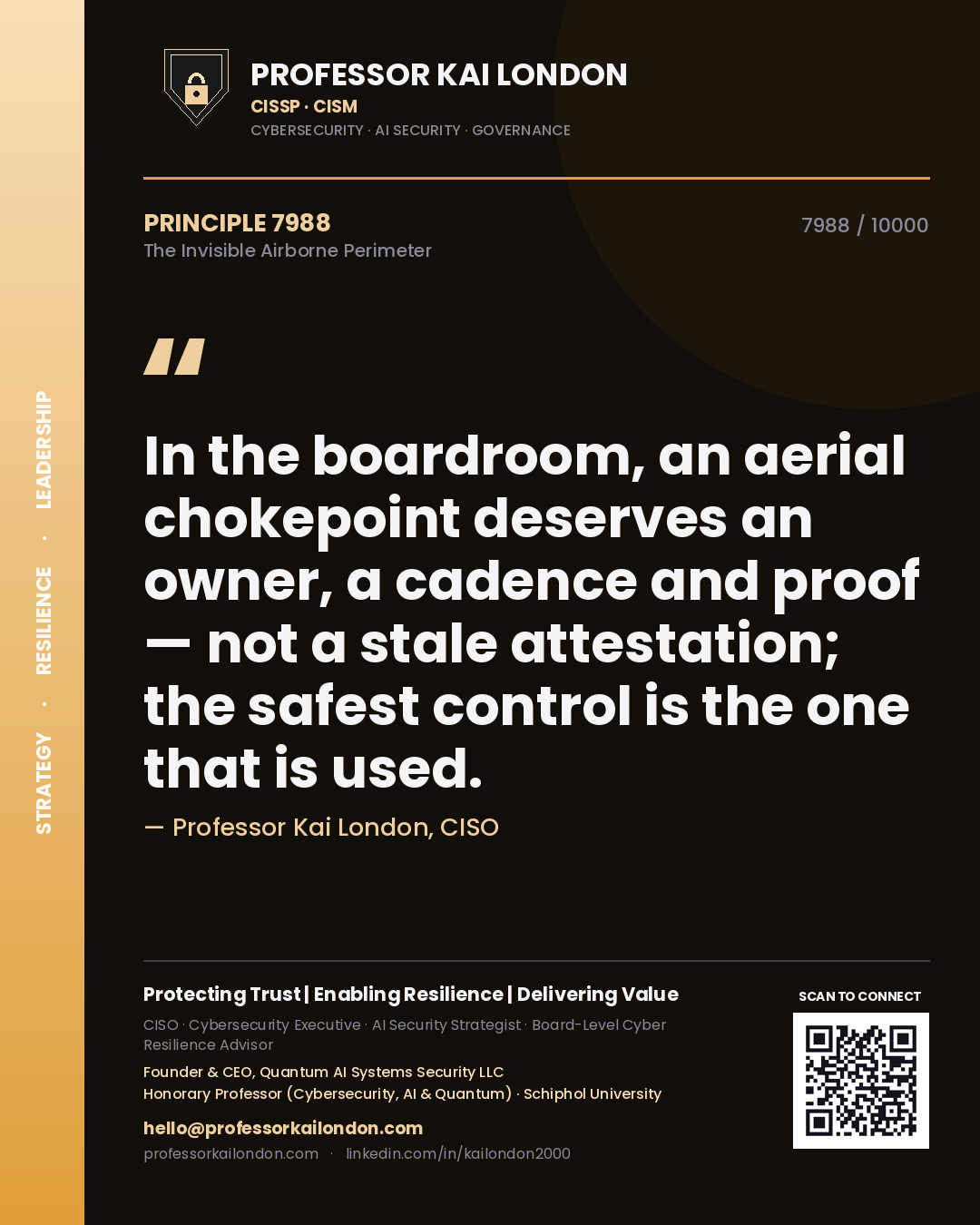 Professor Kai London principle 7988: In the boardroom, an aerial chokepoint deserves an owner, a cadence and proof — not a stale attestation; the safest control is the one that is used.