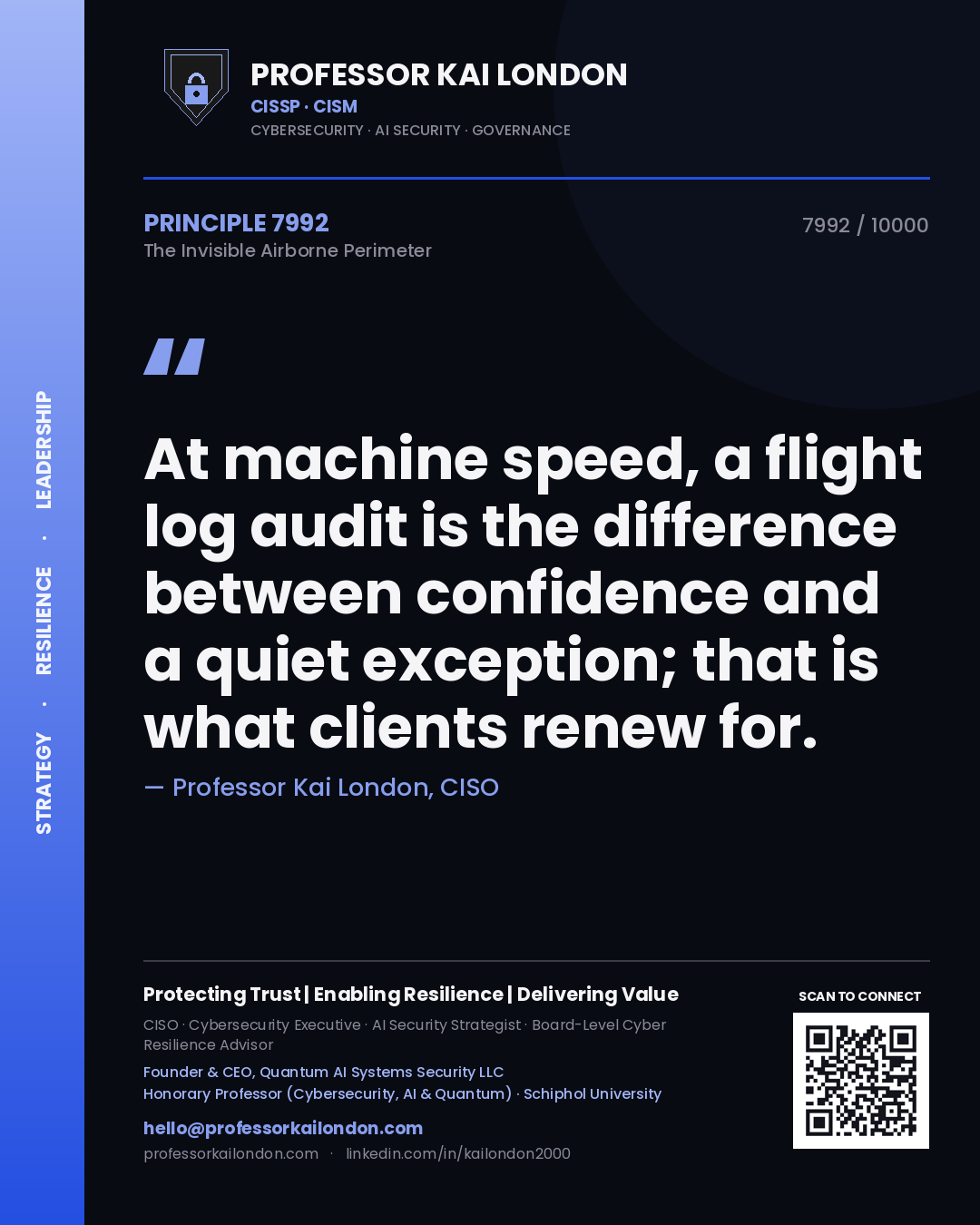 Quote card by Professor Kai London reading 'At machine speed, a flight log audit is the difference between confidence and a quiet exception; that is what clients renew for.'. From the book The Invisible Airborne Perimeter.