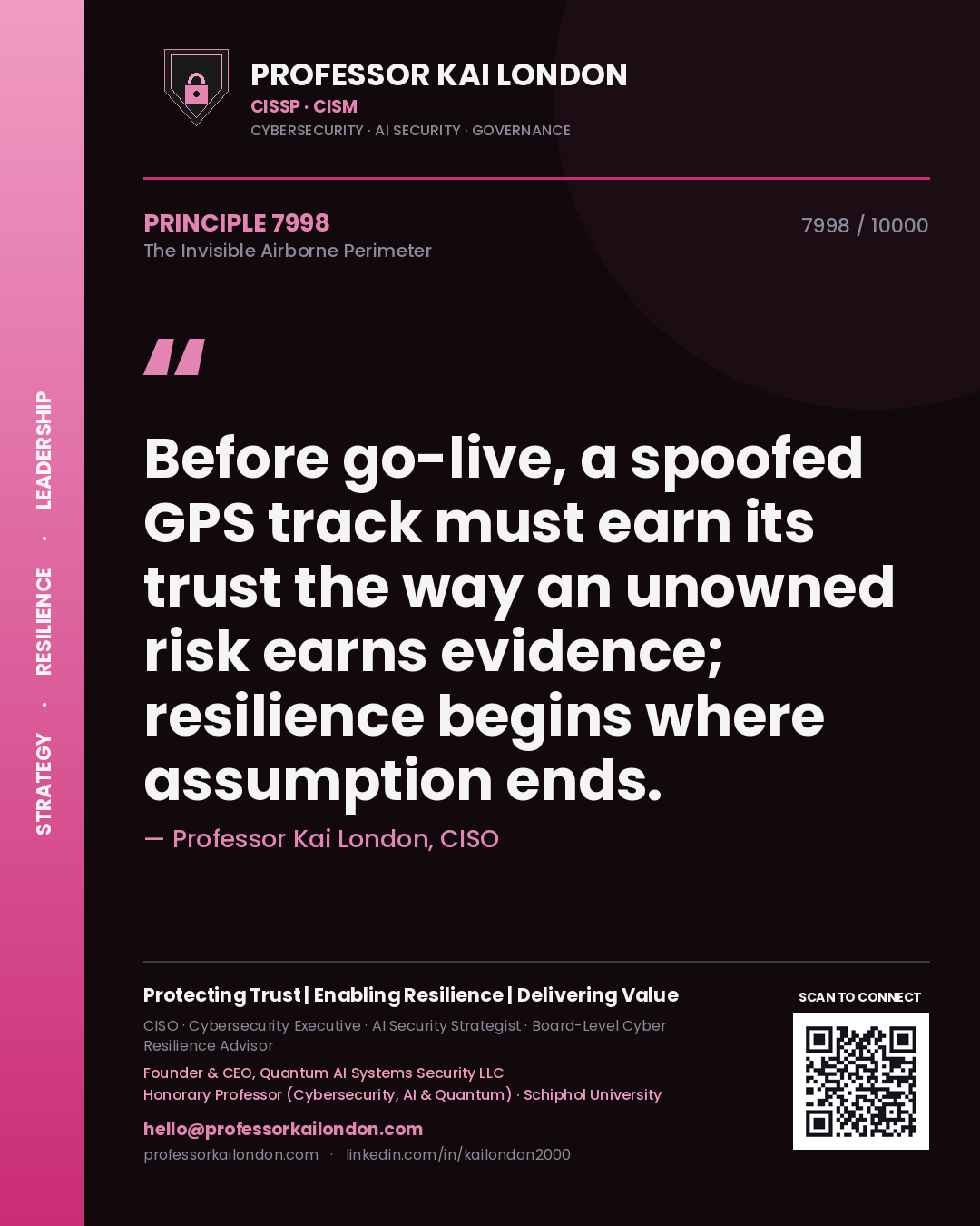 Professor Kai London principle 7998: Before go-live, a spoofed GPS track must earn its trust the way an unowned risk earns evidence; resilience begins where assumption ends.