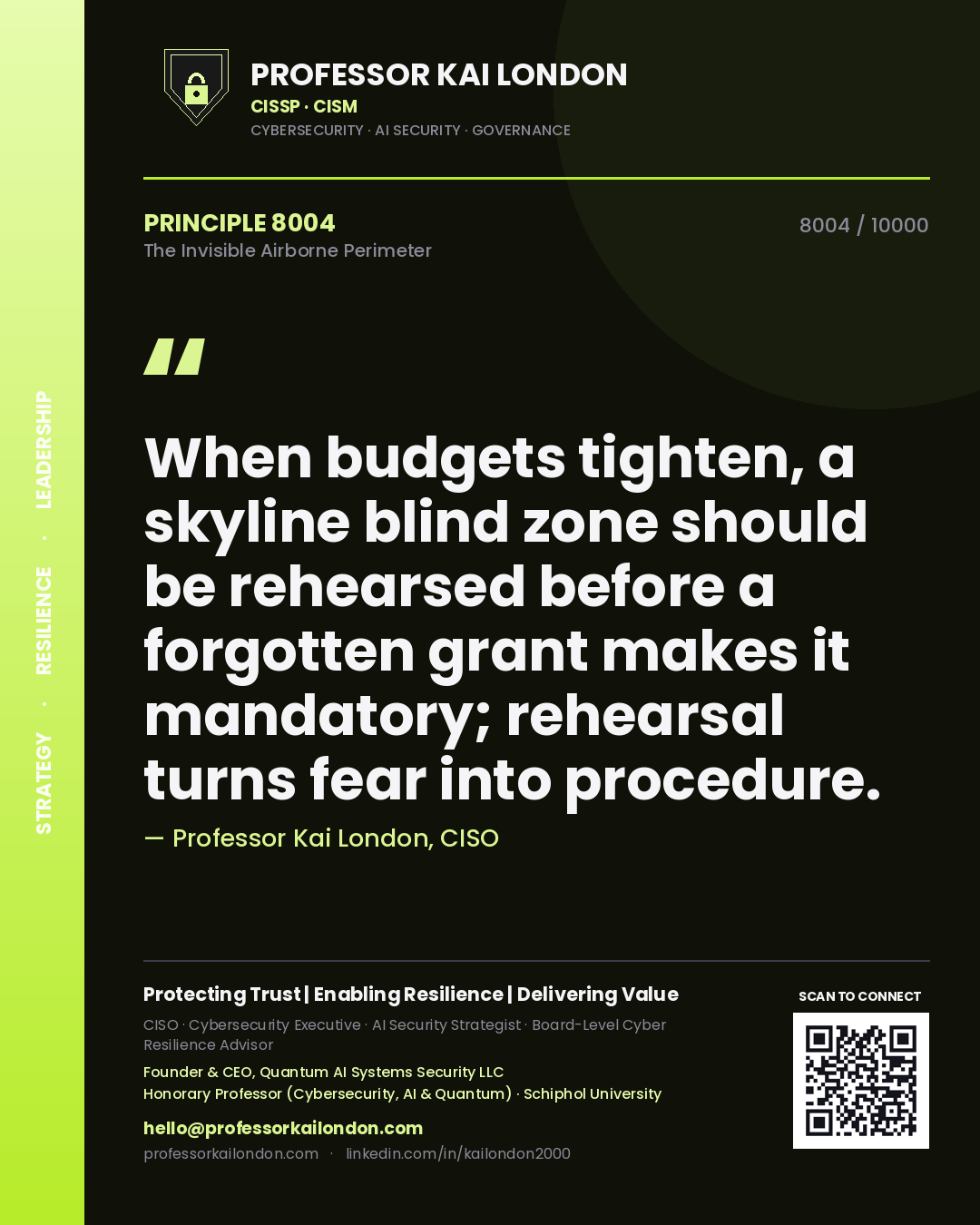 Quote card by Professor Kai London reading 'When budgets tighten, a skyline blind zone should be rehearsed before a forgotten grant makes it mandatory; rehearsal turns fear into procedure.'. From the book The Invisible Airborne Perimeter.