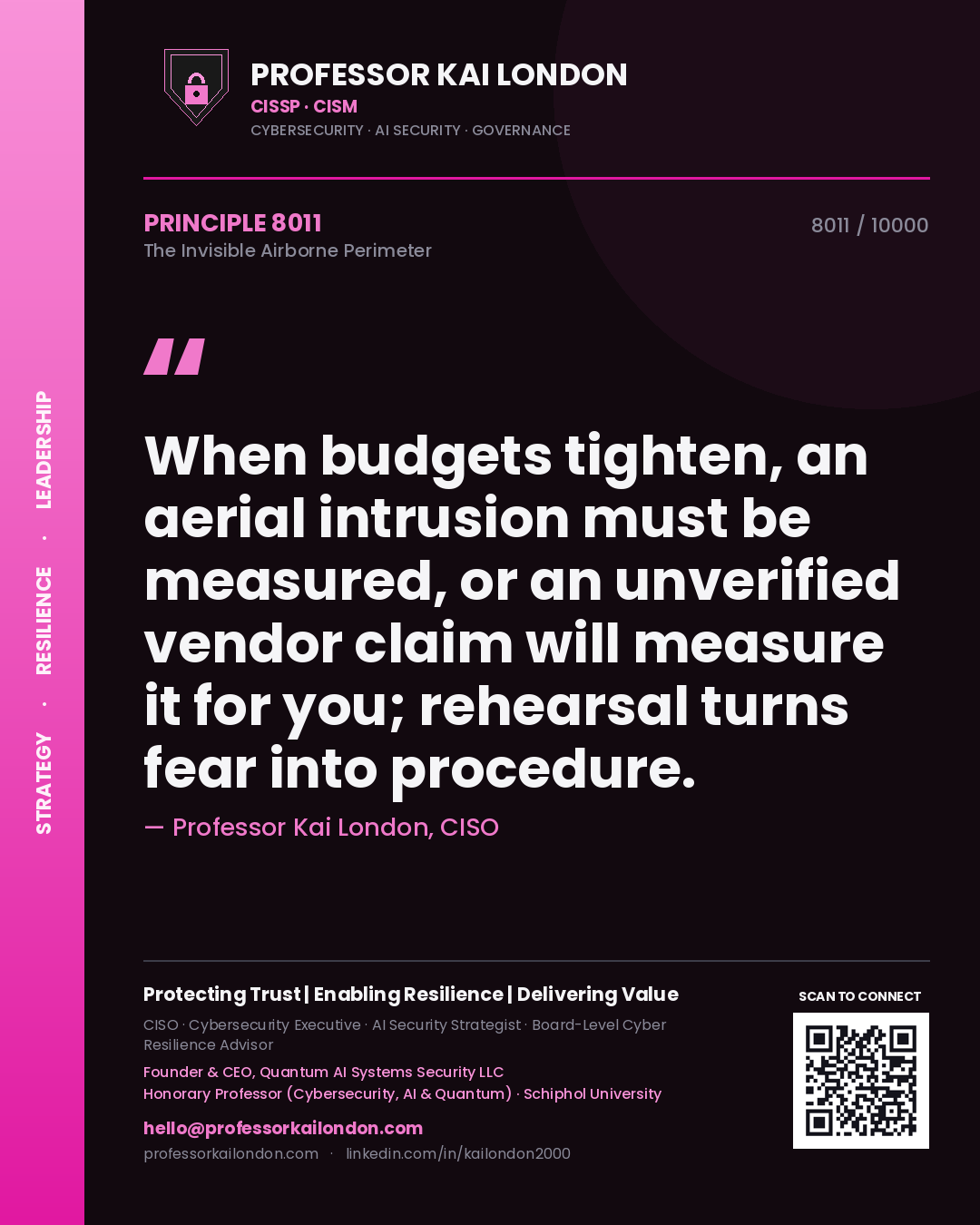 Professor Kai London principle 8011: When budgets tighten, an aerial intrusion must be measured, or an unverified vendor claim will measure it for you; rehearsal turns fear into procedure.