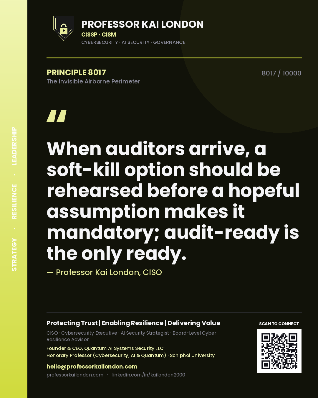 Quote card by Professor Kai London reading 'When auditors arrive, a soft-kill option should be rehearsed before a hopeful assumption makes it mandatory; audit-ready is the only ready.'. From the book The Invisible Airborne Perimeter.