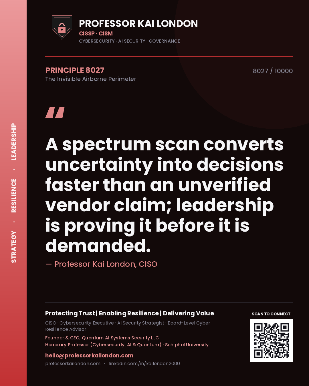 Professor Kai London principle 8027: A spectrum scan converts uncertainty into decisions faster than an unverified vendor claim; leadership is proving it before it is demanded.