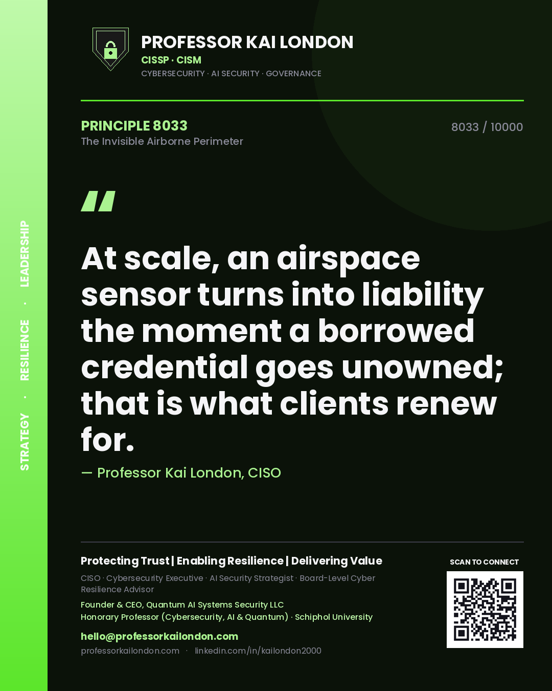 Quote card by Professor Kai London reading 'At scale, an airspace sensor turns into liability the moment a borrowed credential goes unowned; that is what clients renew for.'. From the book The Invisible Airborne Perimeter.