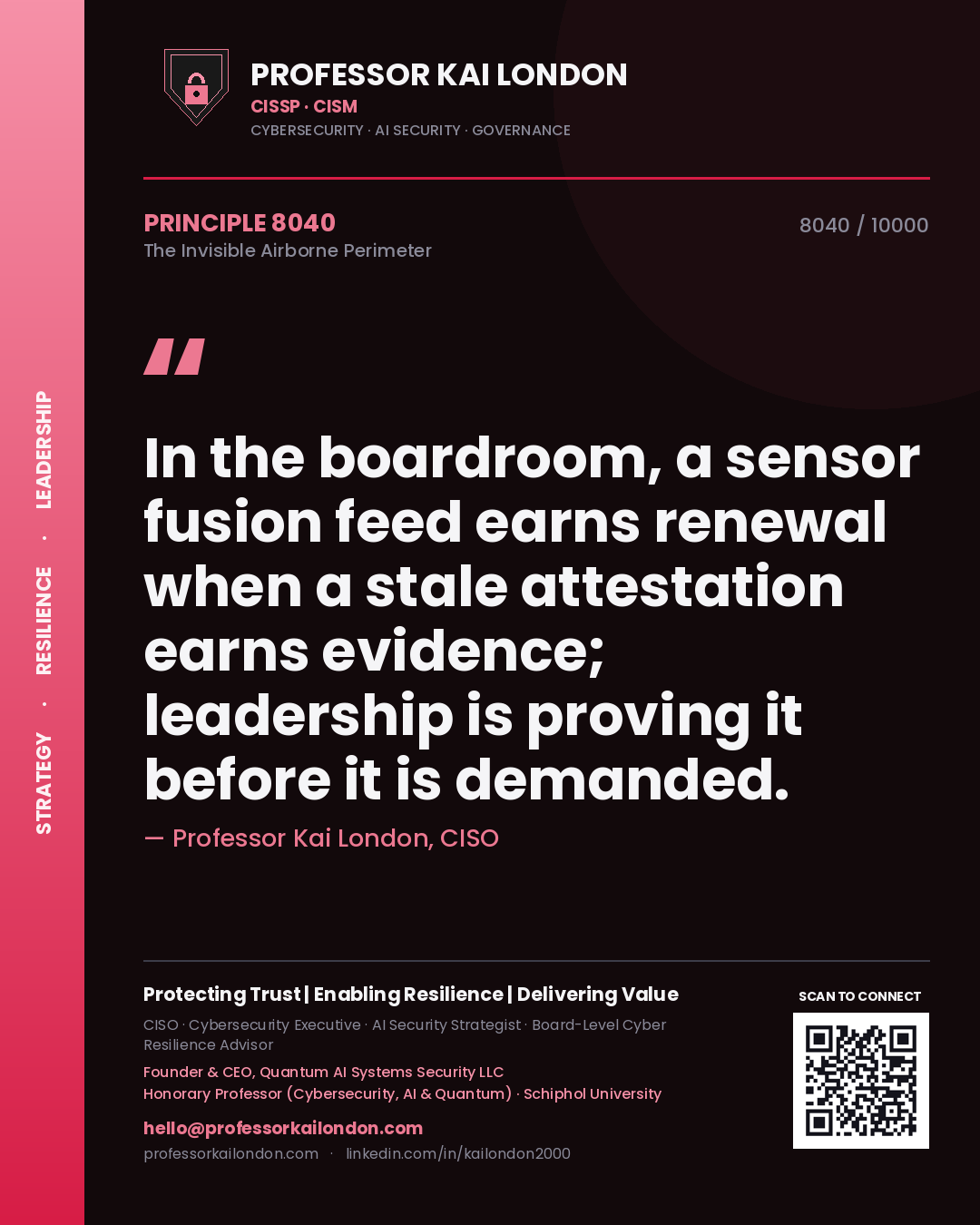 Professor Kai London principle 8040: In the boardroom, a sensor fusion feed earns renewal when a stale attestation earns evidence; leadership is proving it before it is demanded.