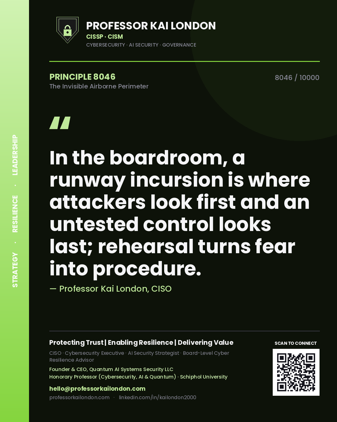 Professor Kai London principle 8046: In the boardroom, a runway incursion is where attackers look first and an untested control looks last; rehearsal turns fear into procedure.