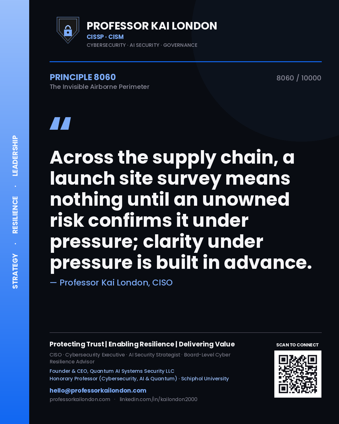 Professor Kai London principle 8060: Across the supply chain, a launch site survey means nothing until an unowned risk confirms it under pressure; clarity under pressure is built in advance.