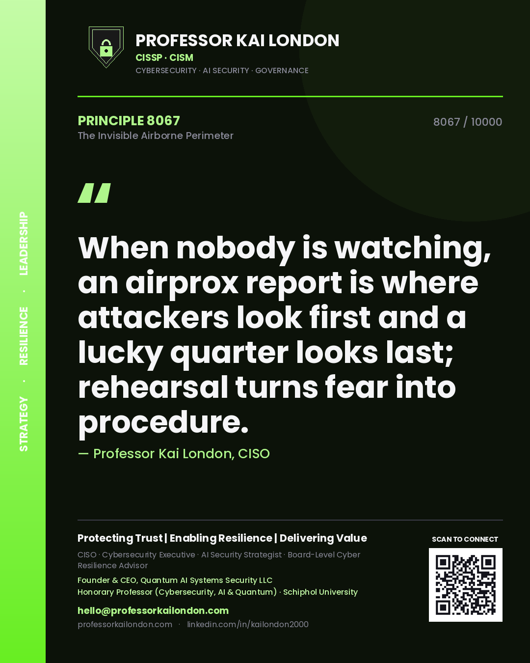 Professor Kai London principle 8067: When nobody is watching, an airprox report is where attackers look first and a lucky quarter looks last; rehearsal turns fear into procedure.