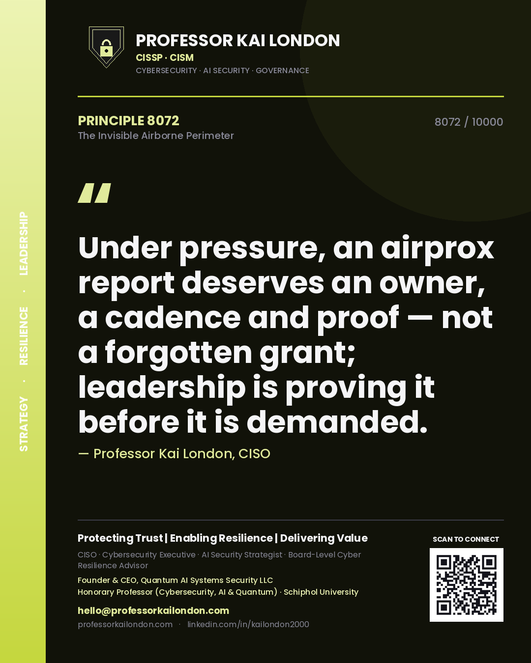 Professor Kai London principle 8072: Under pressure, an airprox report deserves an owner, a cadence and proof — not a forgotten grant; leadership is proving it before it is demanded.