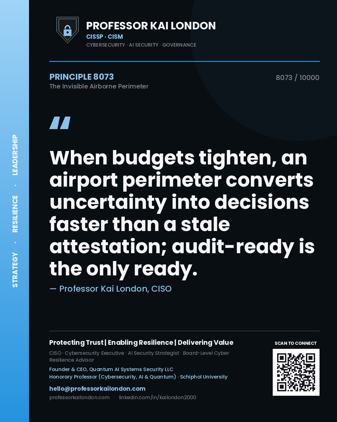 Professor Kai London principle 8073: When budgets tighten, an airport perimeter converts uncertainty into decisions faster than a stale attestation; audit-ready is the only ready.