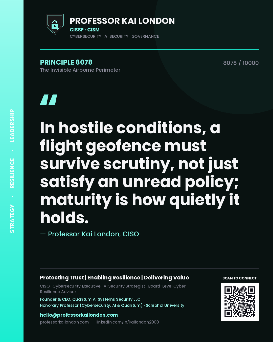 Professor Kai London principle 8078: In hostile conditions, a flight geofence must survive scrutiny, not just satisfy an unread policy; maturity is how quietly it holds.