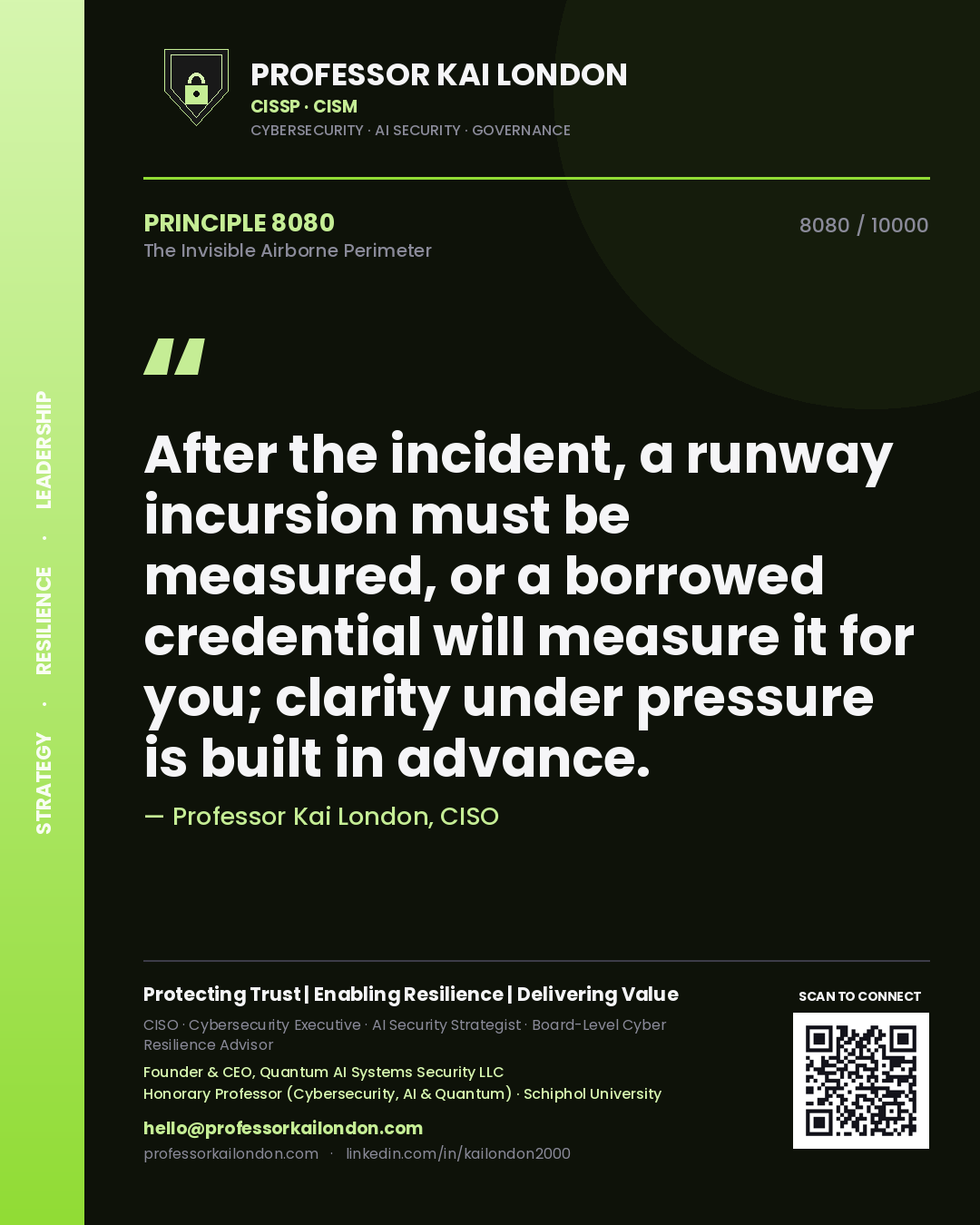 Quote card by Professor Kai London reading 'After the incident, a runway incursion must be measured, or a borrowed credential will measure it for you; clarity under pressure is built in advance.'. From the book The Invisible Airborne Perimeter.